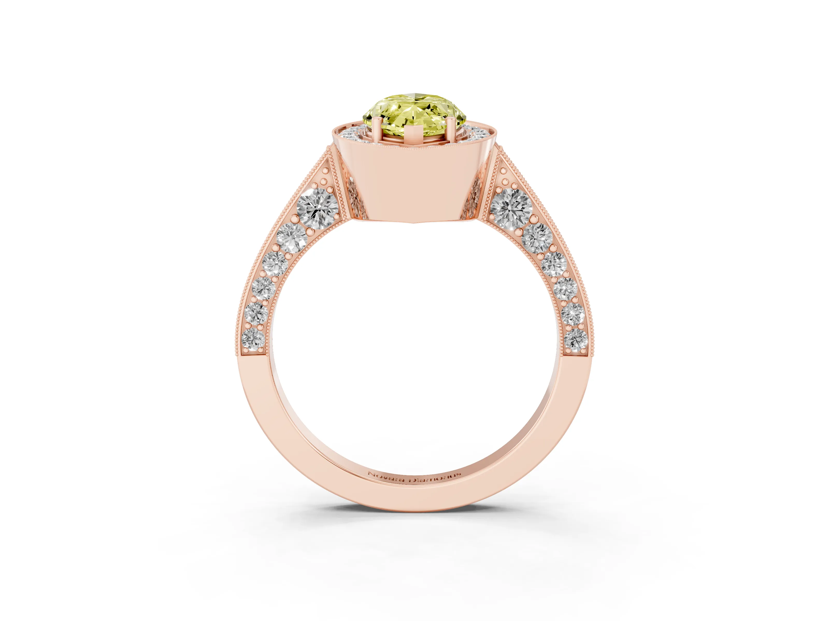 Fancy Yellow Marquise Cut Diamond Halo Engagement Ring Set in Rose gold with Accent Split Shank Band