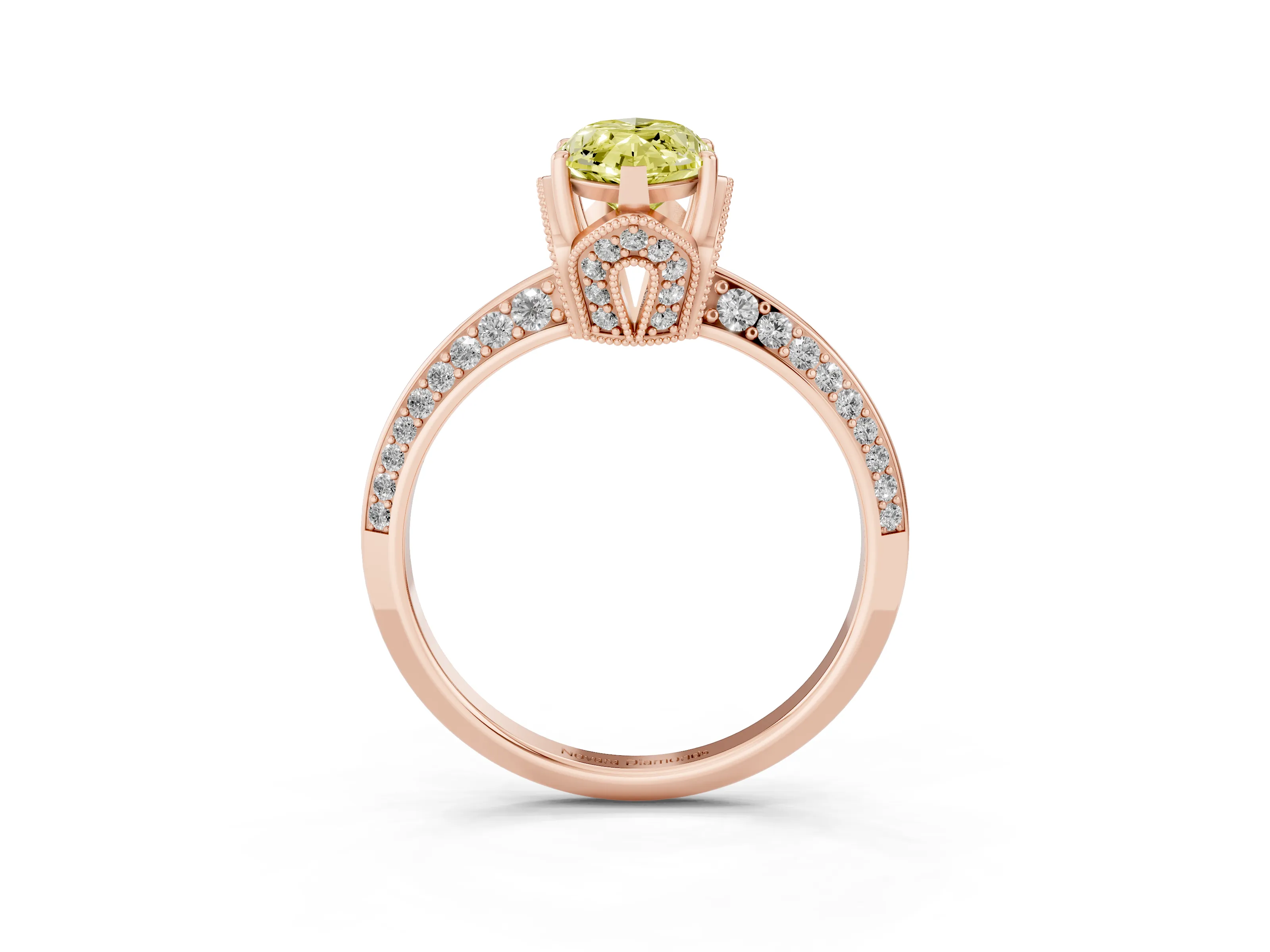 Fancy Yellow Marquise Cut Diamond Solitaire Engagement Ring Set in Rose gold with Pavé Split Shank and Prong Setting