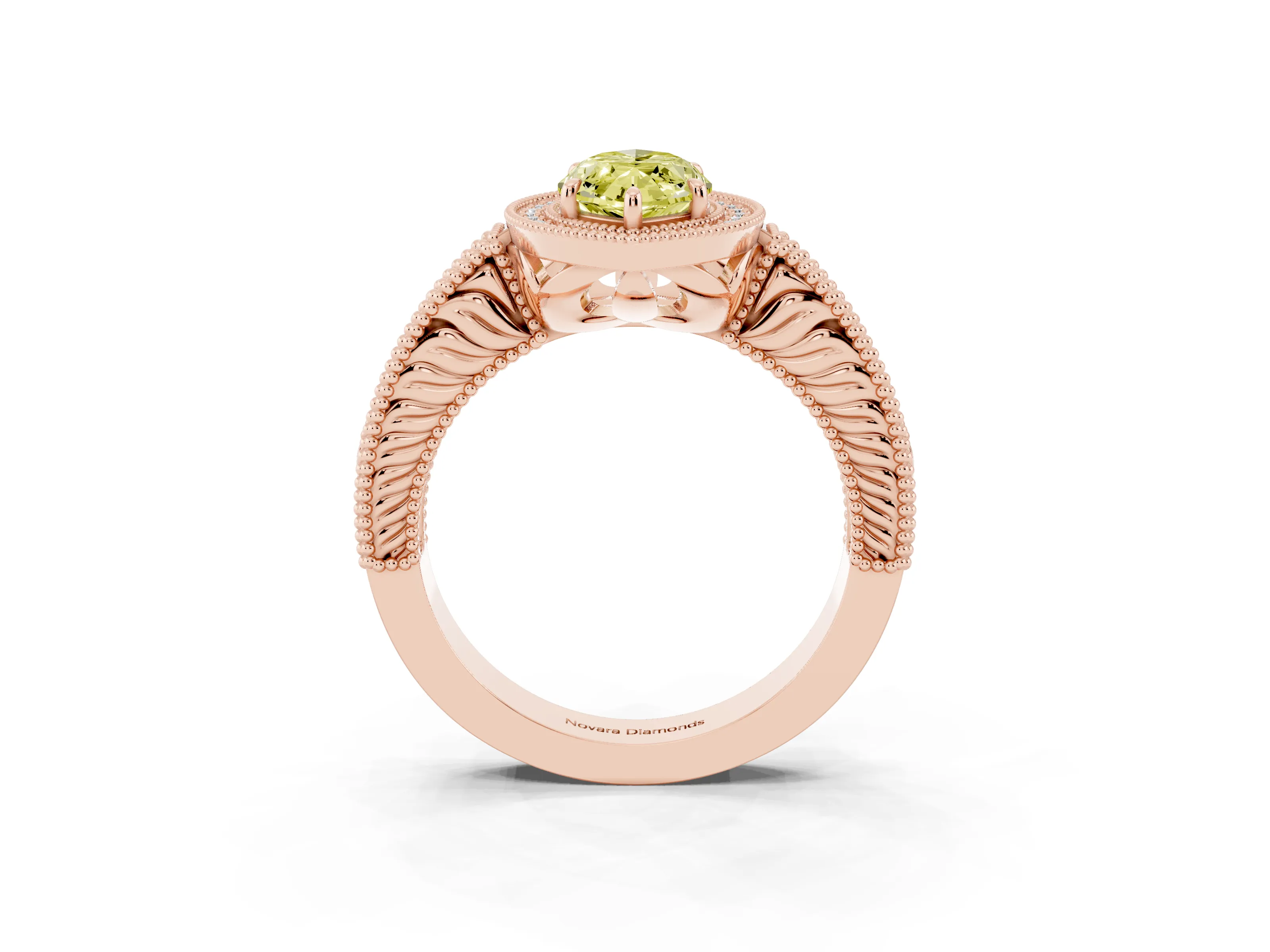 Fancy Yellow Marquise Cut Diamond Halo Ring Set in Rose gold with Round Accent Halo, Pavé Band and Prong Setting