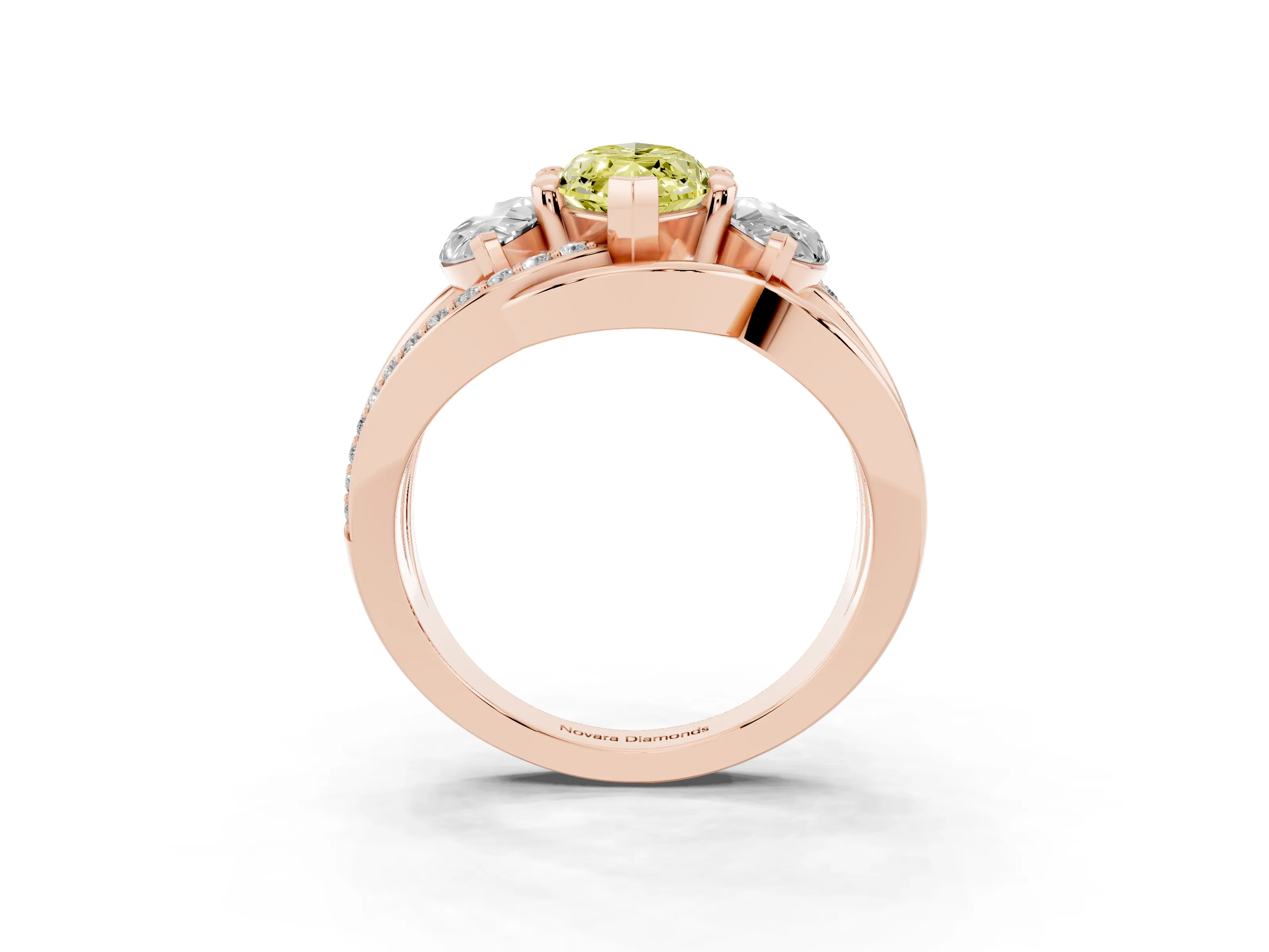 Fancy Yellow Marquise Cut Diamond Three-Stone Ring Set in Rose gold with Split Shank and Prong Setting