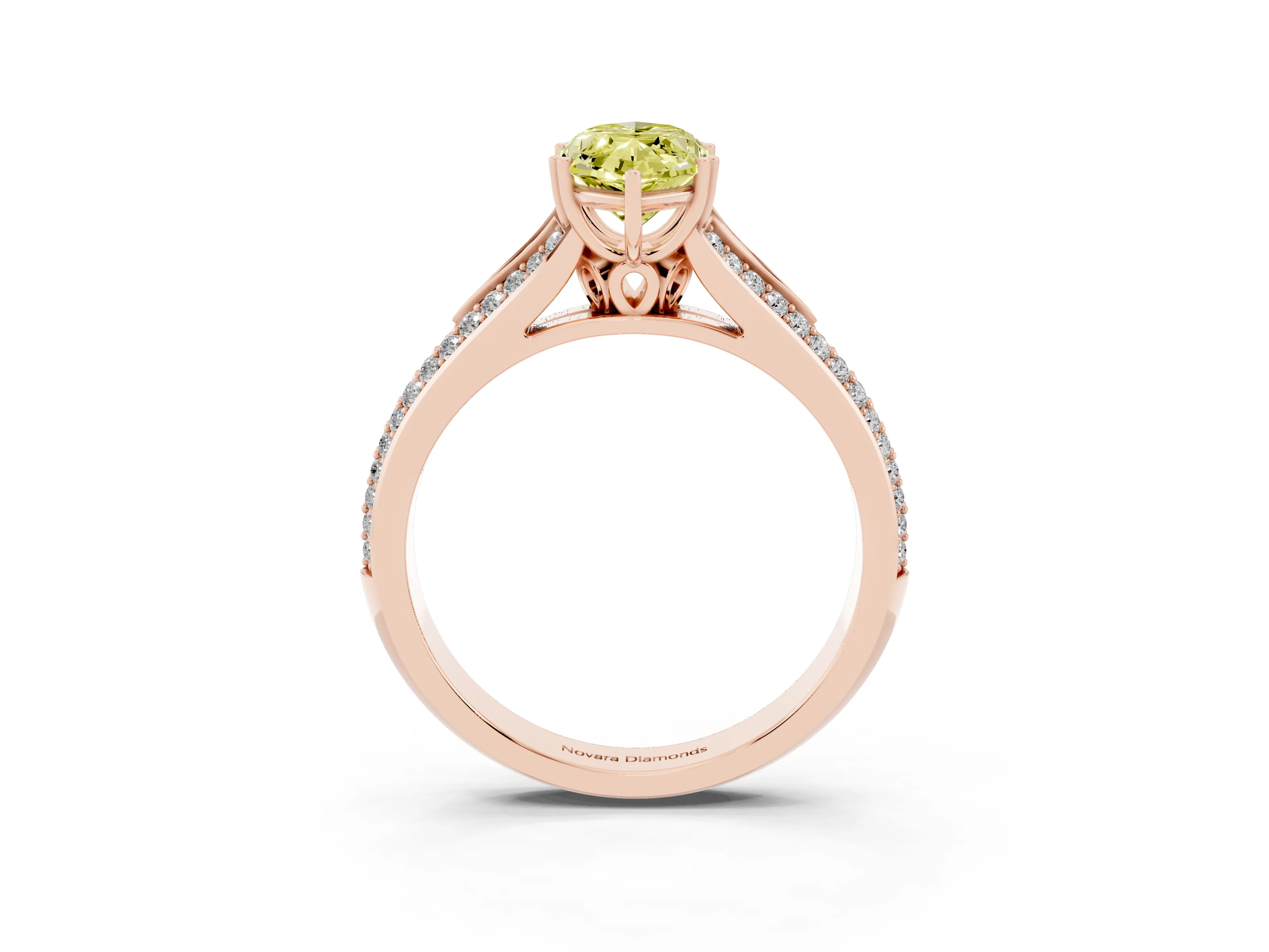 Fancy Yellow Marquise Cut Diamond Split Shank Pavé Engagement Ring Set in Rose gold with Prong-Set Center Stone
