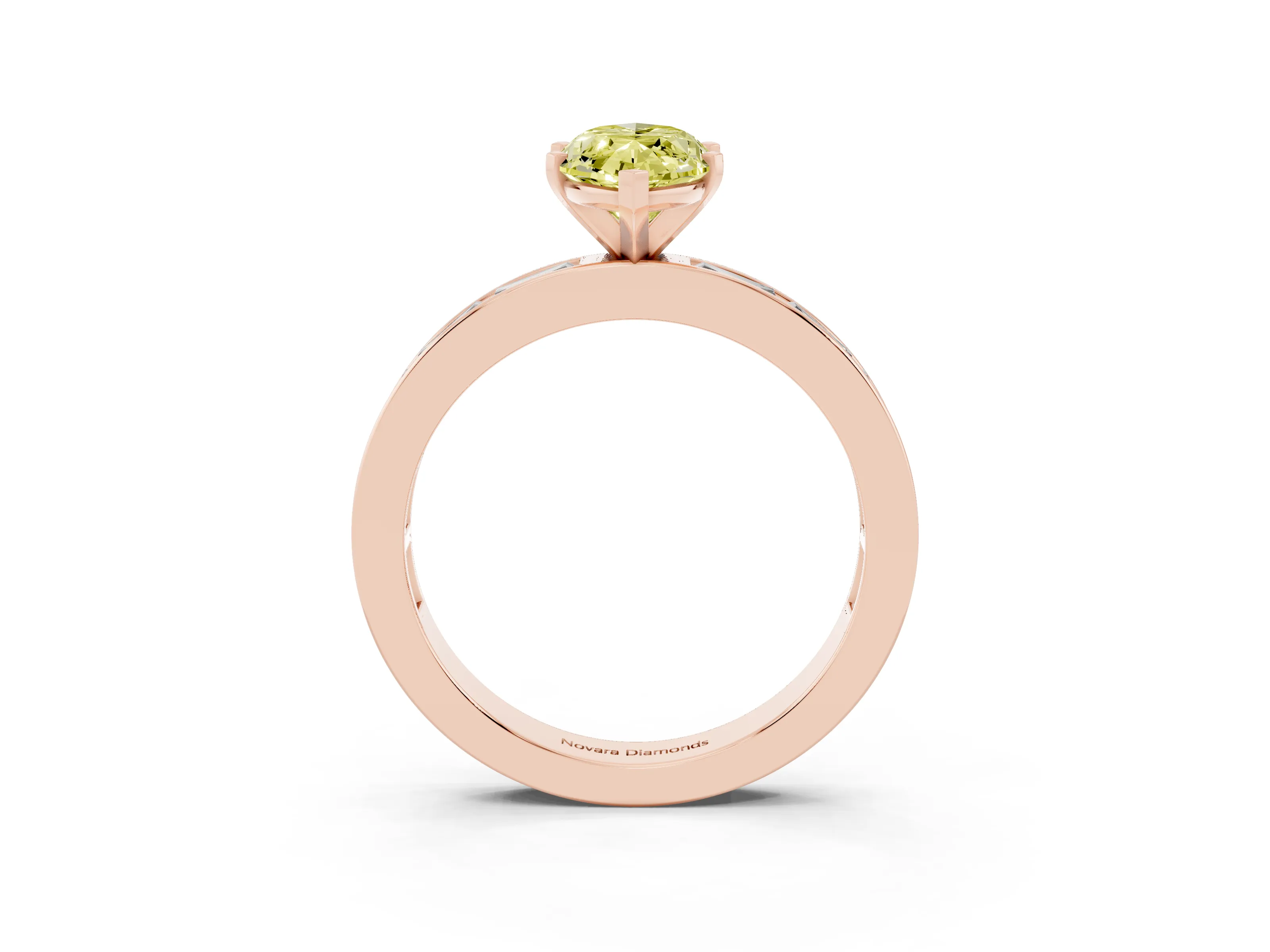 Fancy Yellow Marquise Cut Diamond Solitaire Ring Set in Rose gold with Channel-Set Baguette Band and Prong Setting