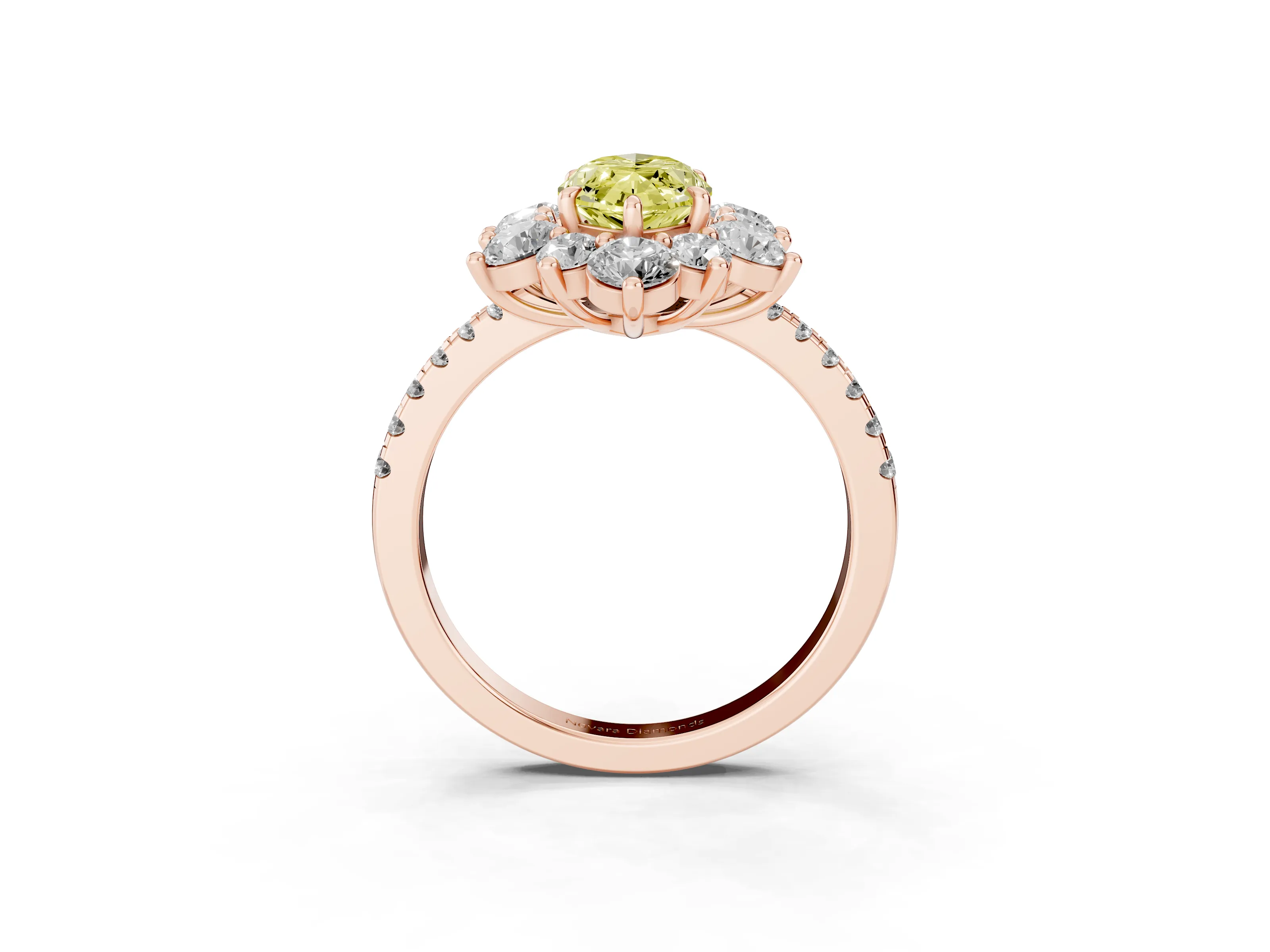 Fancy Yellow Marquise Cut Diamond Floral Halo Ring Set in Rose gold with Round Pavé Band and Prong Setting