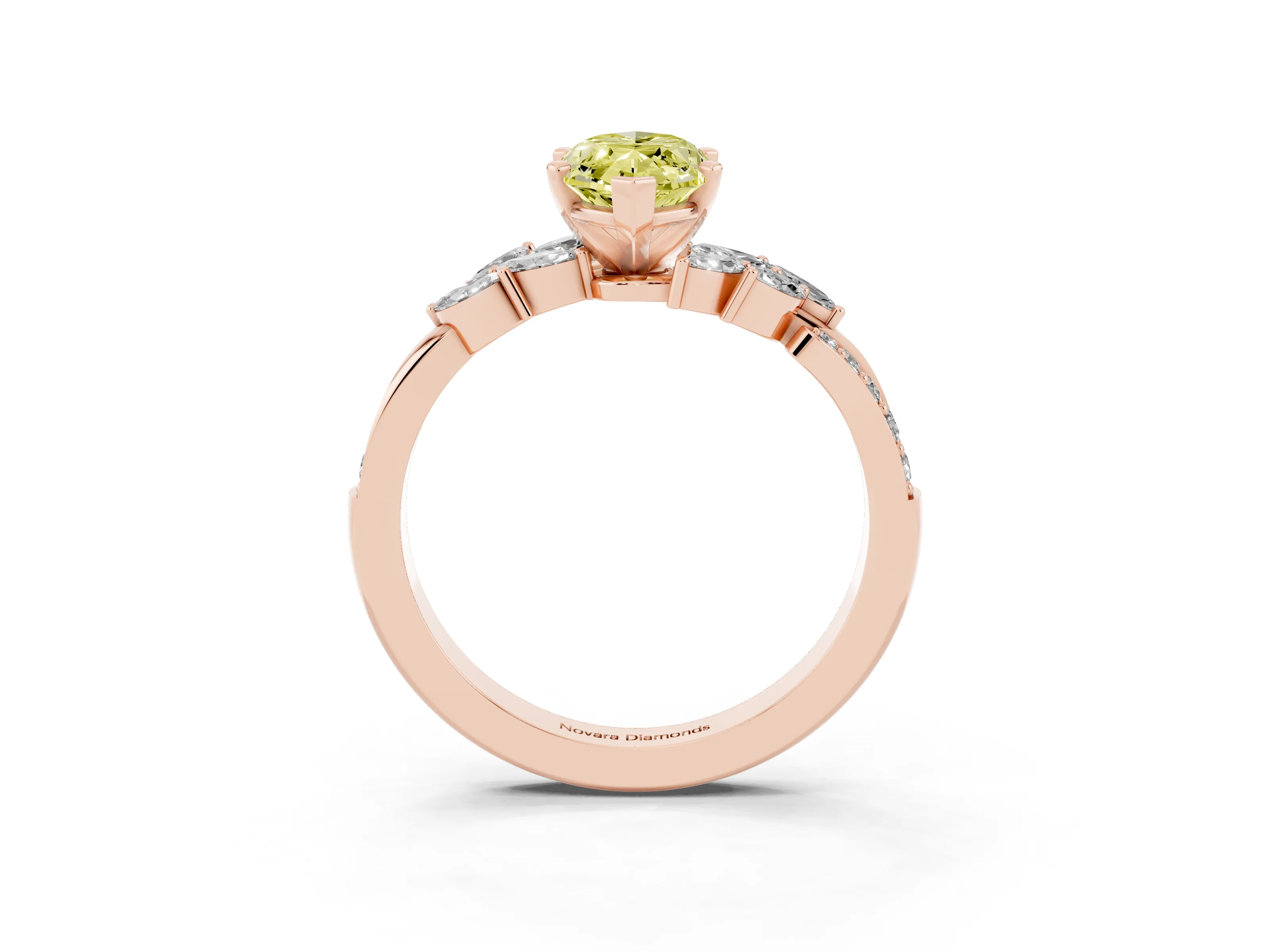 Fancy Yellow Marquise Cut Diamond Solitaire Ring Set in Rose gold with Marquise Twist Band and Prong Setting