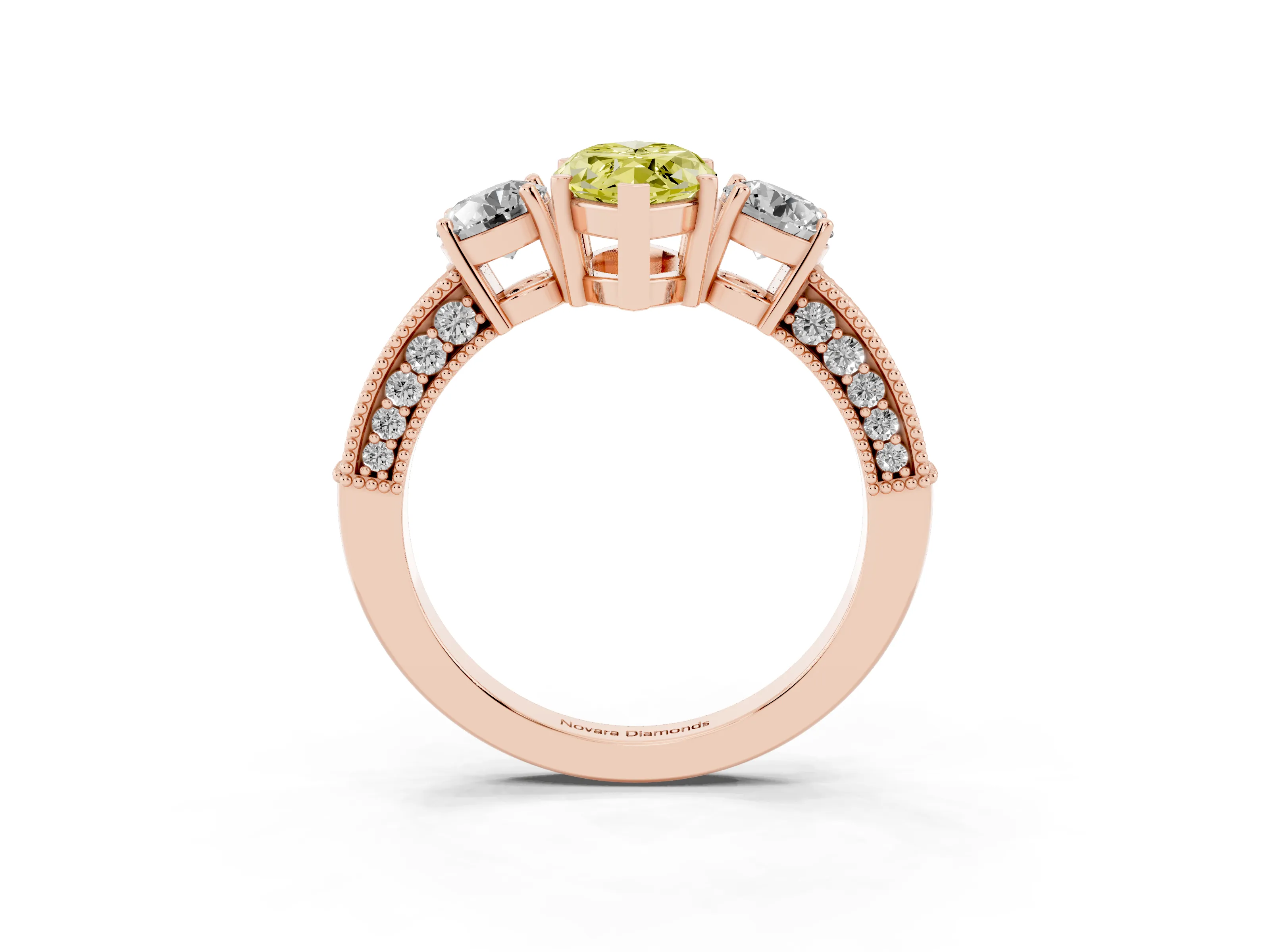 Fancy Yellow Marquise Cut Diamond Three-Stone Ring Set in Rose gold with Round Side Stones and Pavé Band