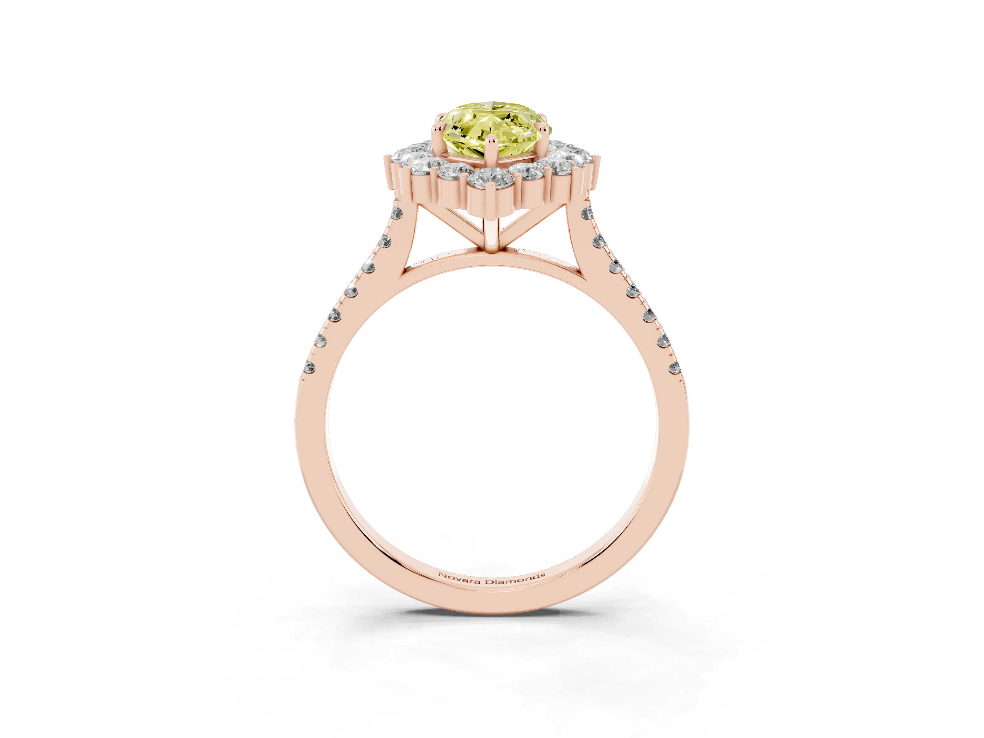 Fancy Yellow Marquise Cut Diamond Halo Ring Set in Rose gold with Pavé Band and Prong Setting