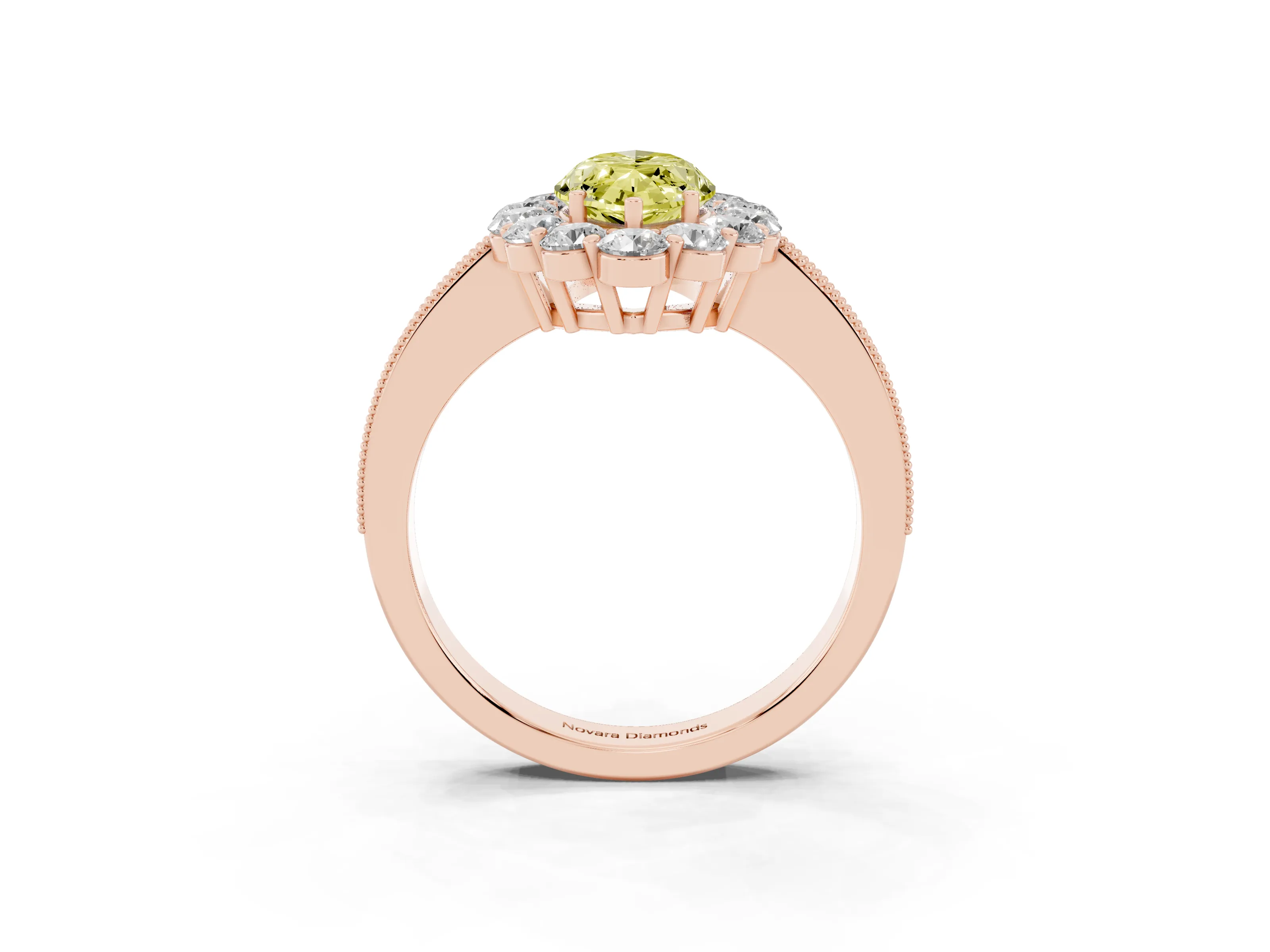 Fancy Yellow Marquise Cut Diamond Halo Pavé Engagement Ring Set in Rose gold with Milgrain Detailing
