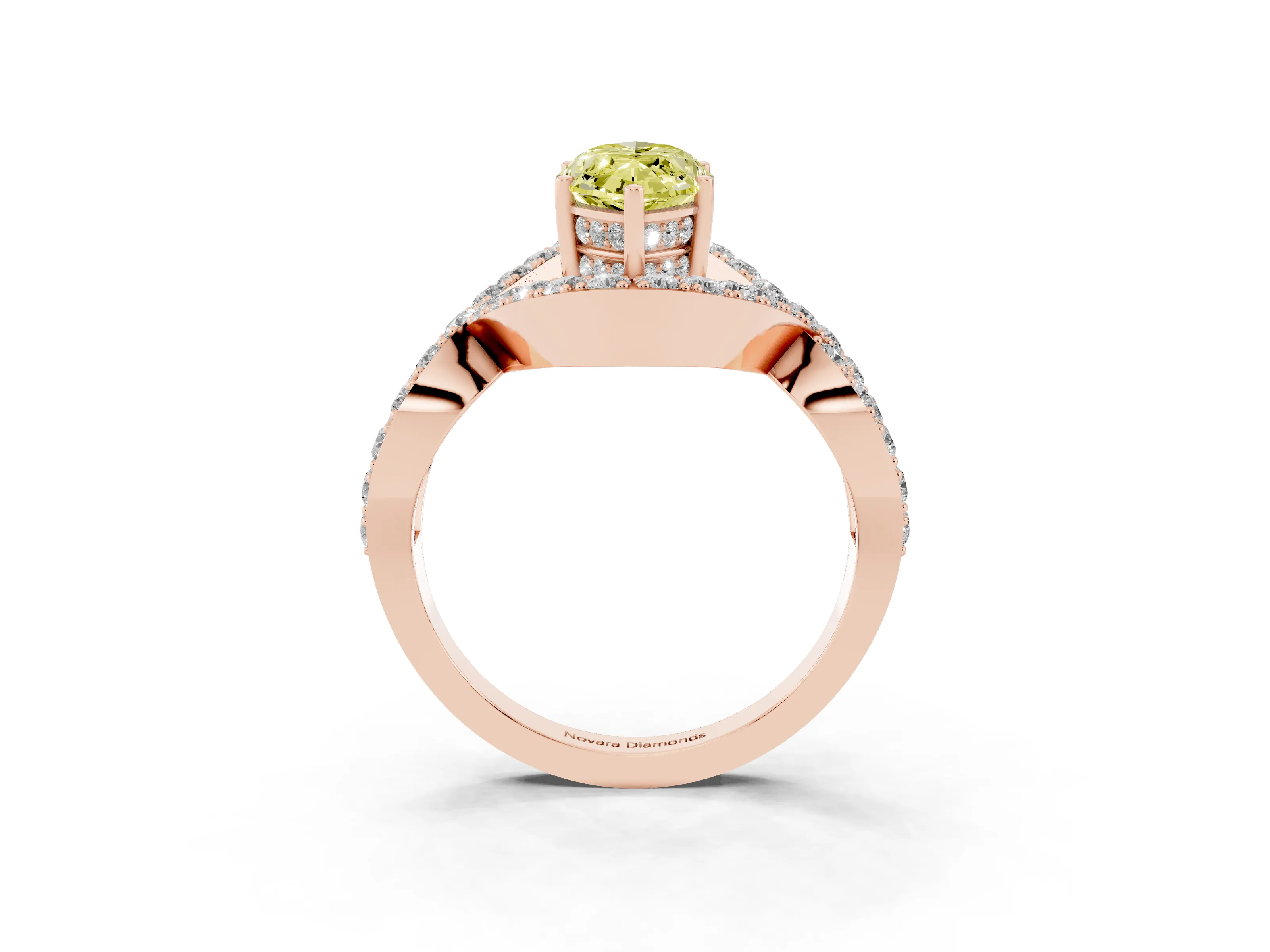 Fancy Yellow Marquise Cut Diamond Solitaire Twist Band Pavé Engagement Ring Set in Rose gold