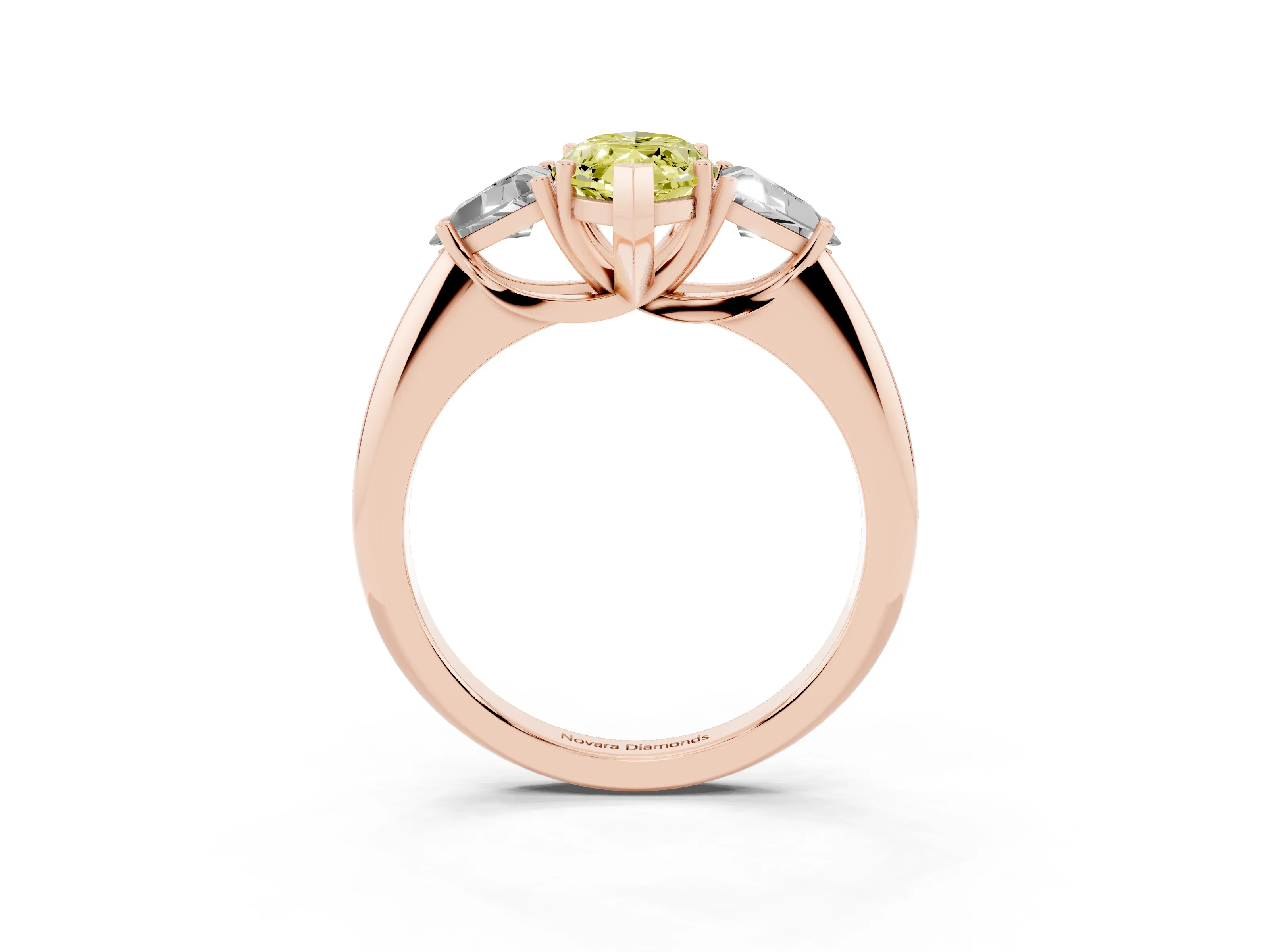 Fancy Yellow Marquise Cut Diamond Three-Stone Engagement Ring Set in Rose gold with Trillion Side Stones