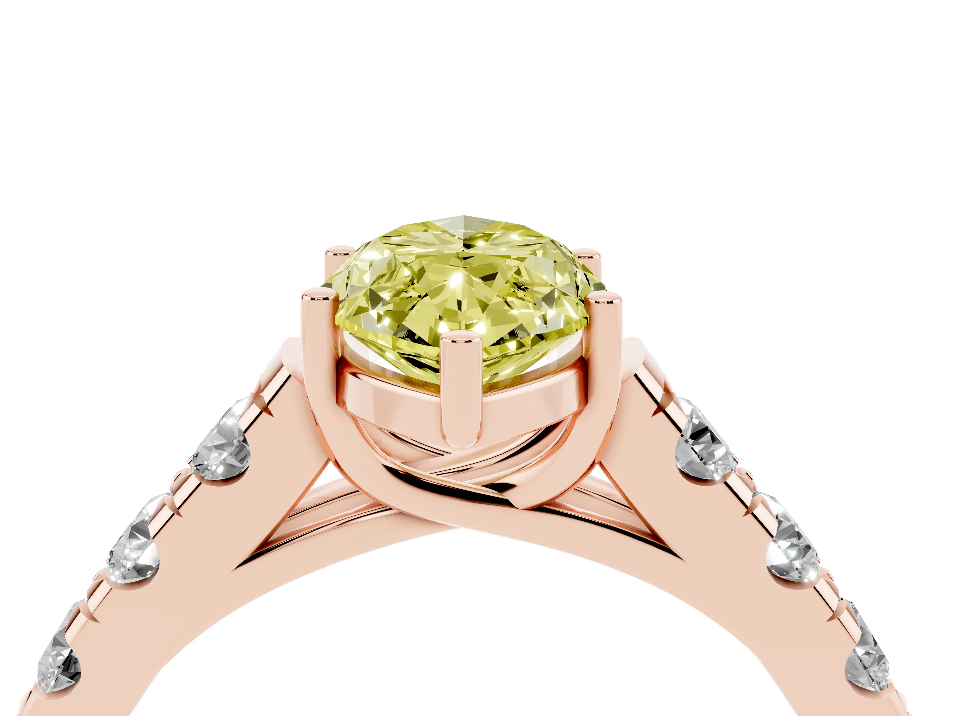 Fancy Yellow Marquise Cut Diamond Solitaire Ring Set in Rose gold with Cut-Down Micro Pavé Band and Prong Setting