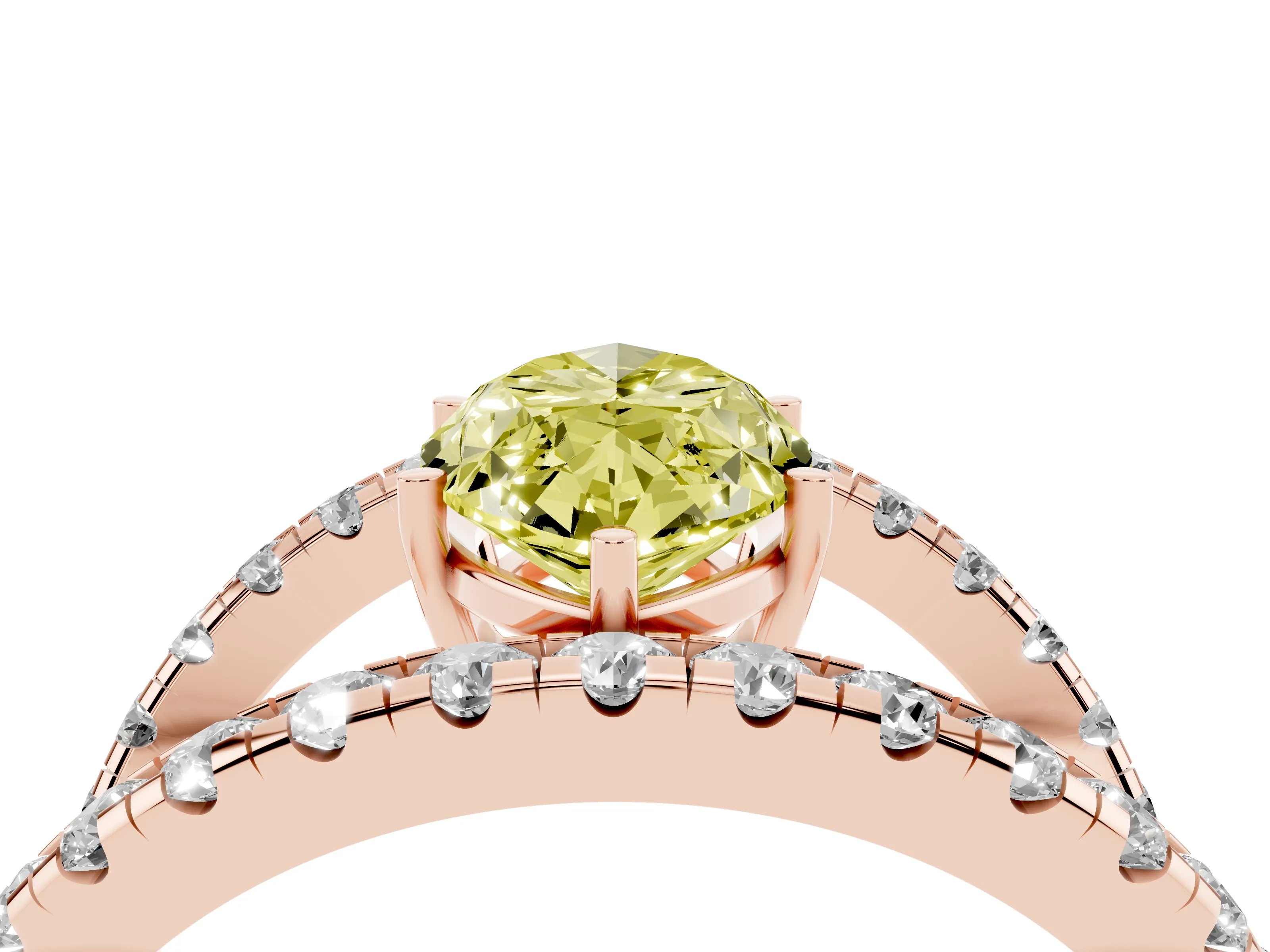 Fancy Yellow Marquise Cut Diamond Split Shank Pavé Solitaire Ring Set in Rose gold with Open Shank Design