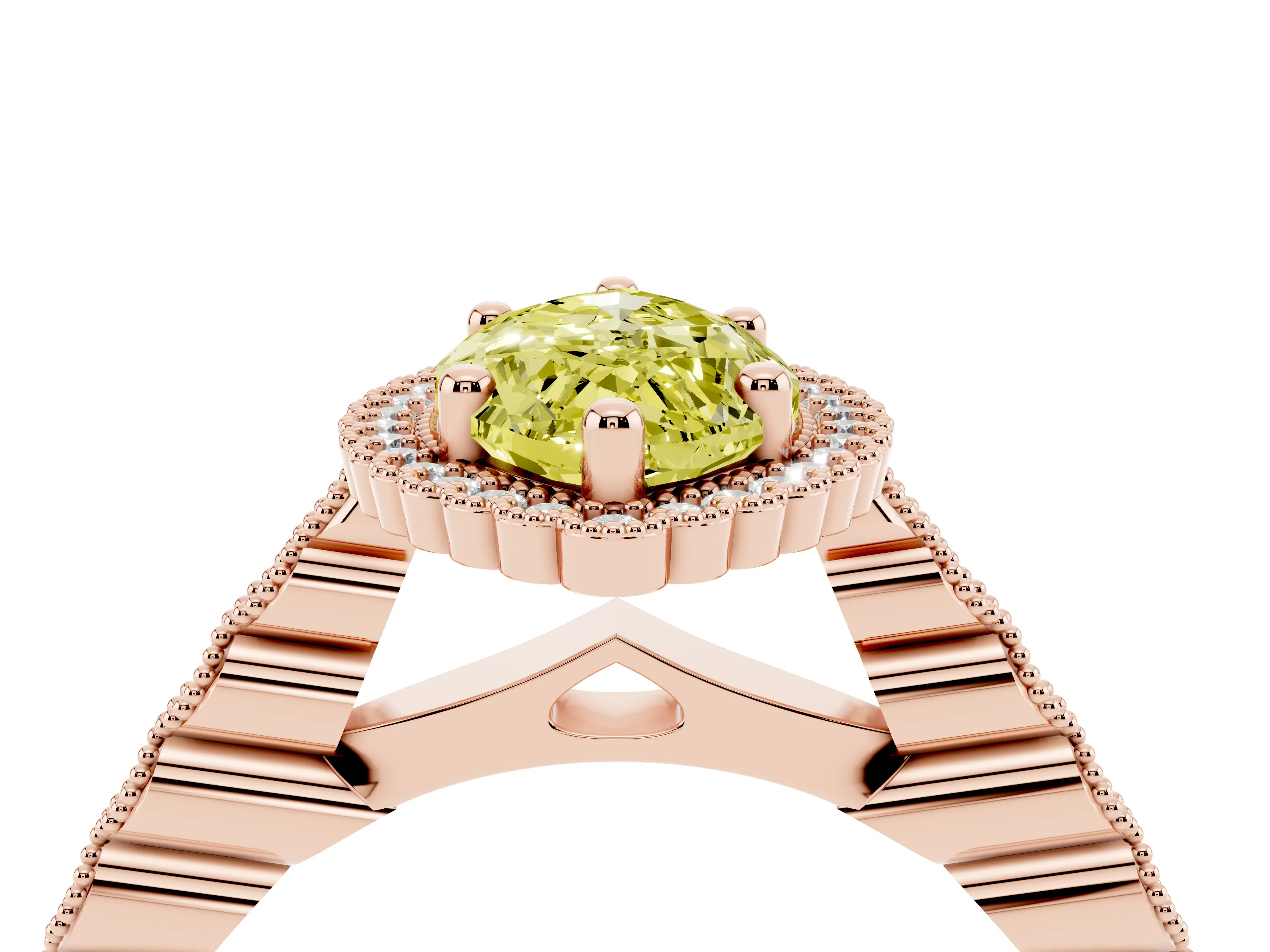 Fancy Yellow Marquise Cut Diamond Halo Ring Set in Rose gold with Pavé Milgrain Band