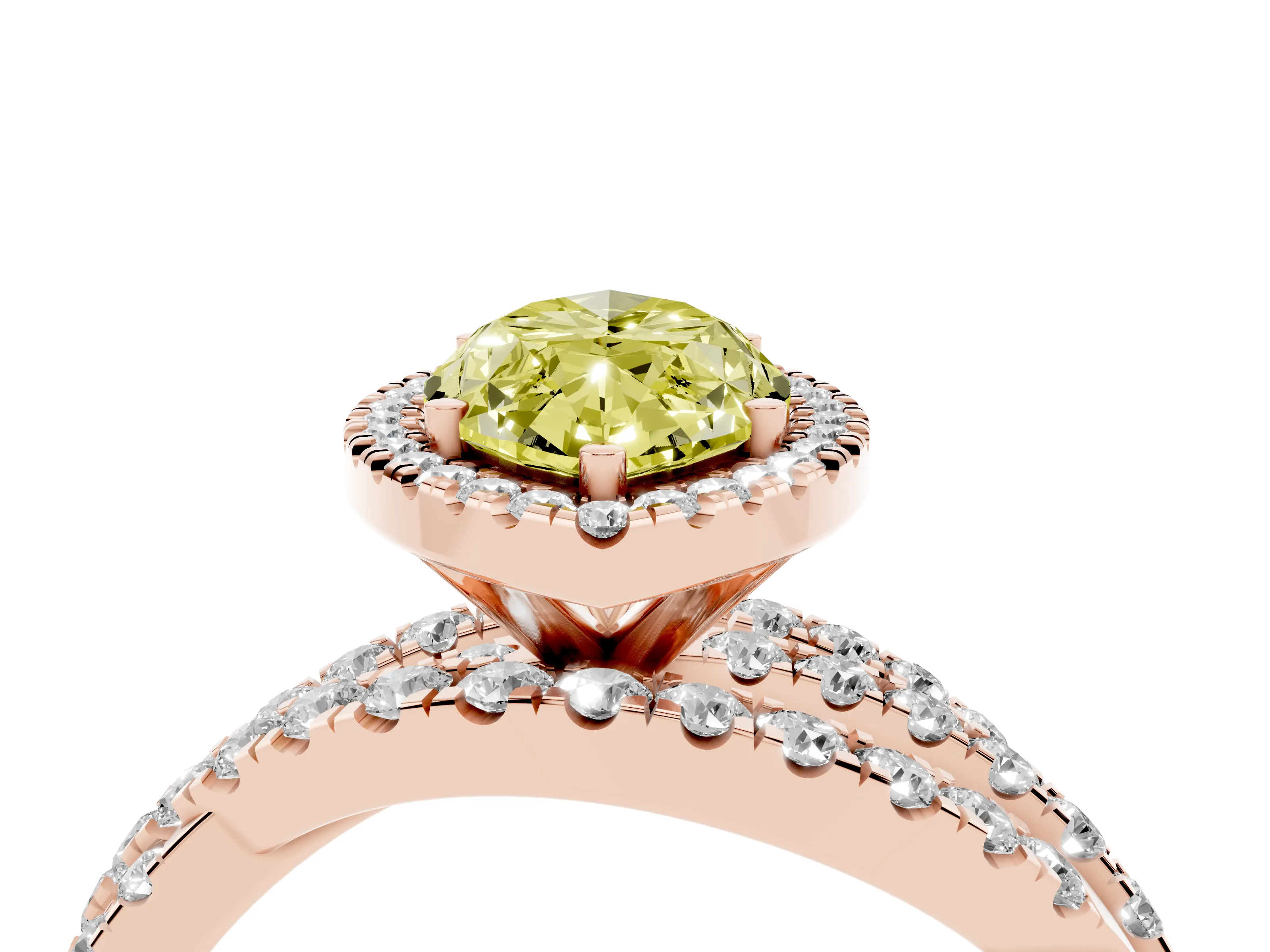 Fancy Yellow Marquise Cut Diamond Halo Ring Set in Rose gold with Round Crossover Split Shank and Prong Setting