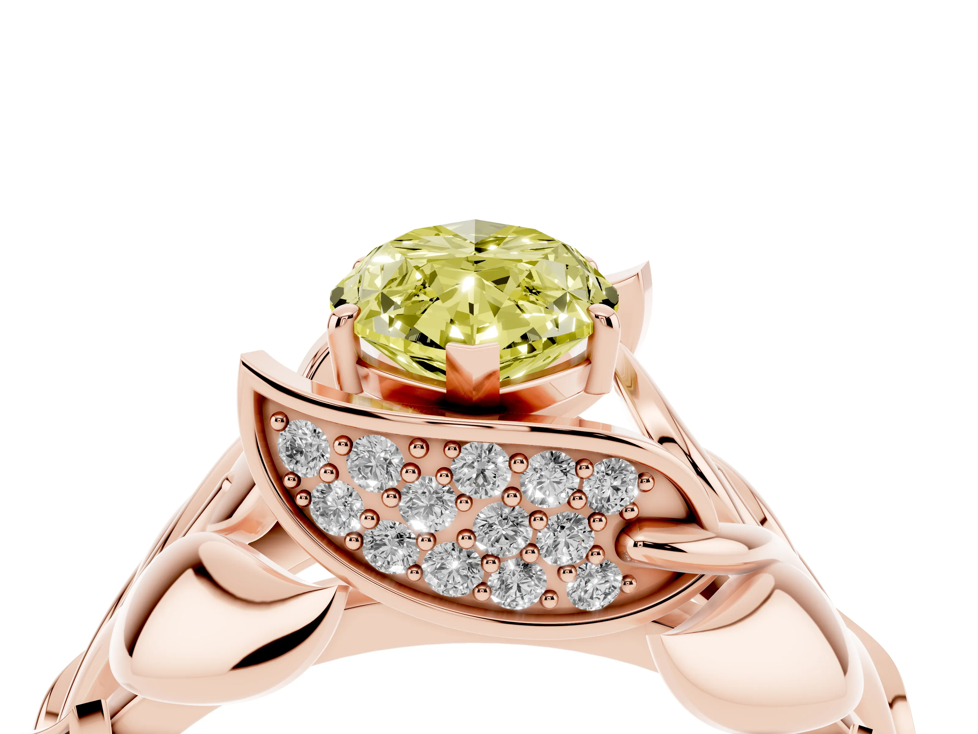 Fancy Yellow Marquise Cut Diamond Leaf-Inspired Engagement Ring Set in Rose gold with Round Accents