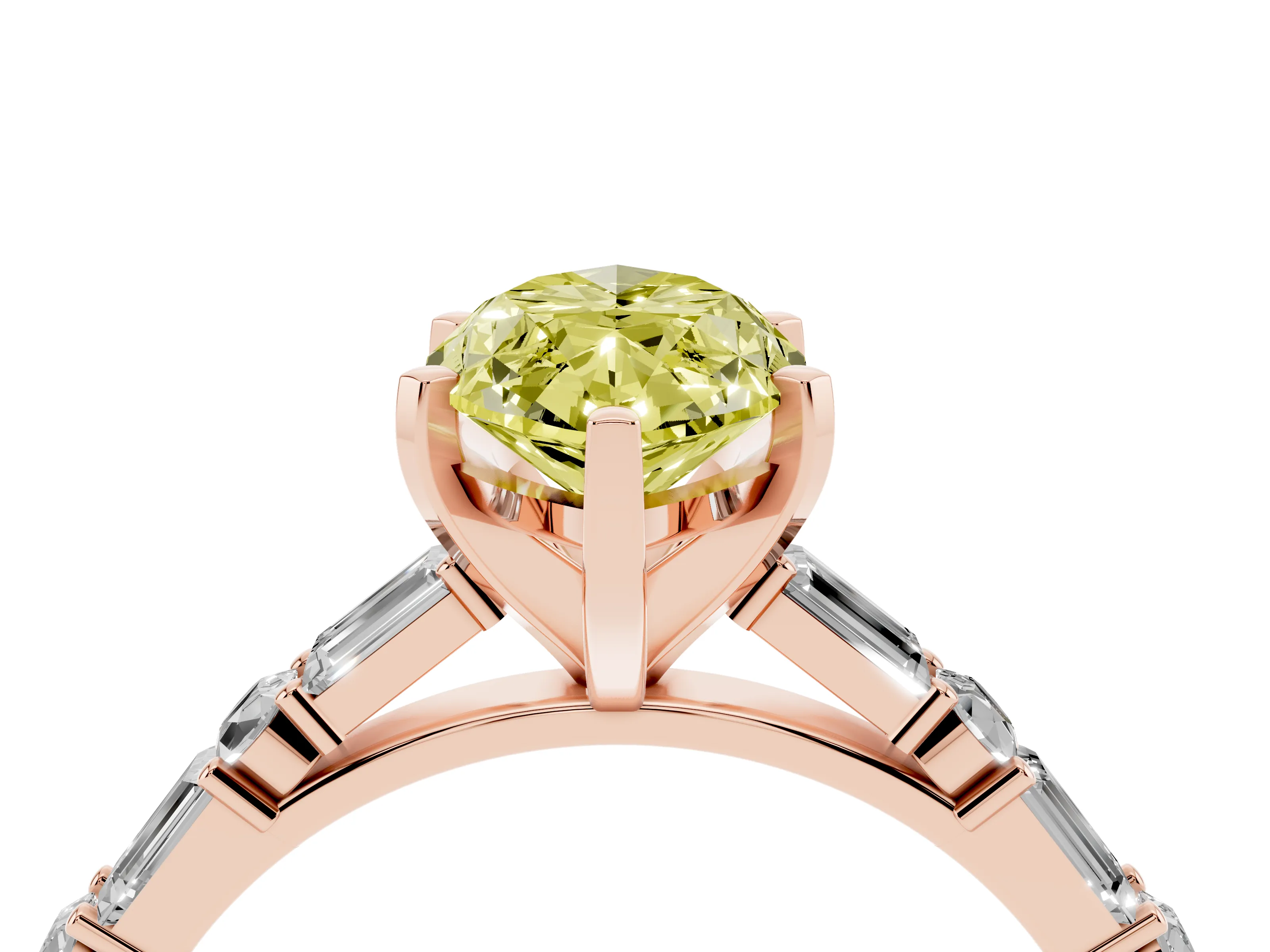 Fancy Yellow Marquise Cut Diamond Solitaire Set in Rose gold with Side Baguettes and Channel Set Band