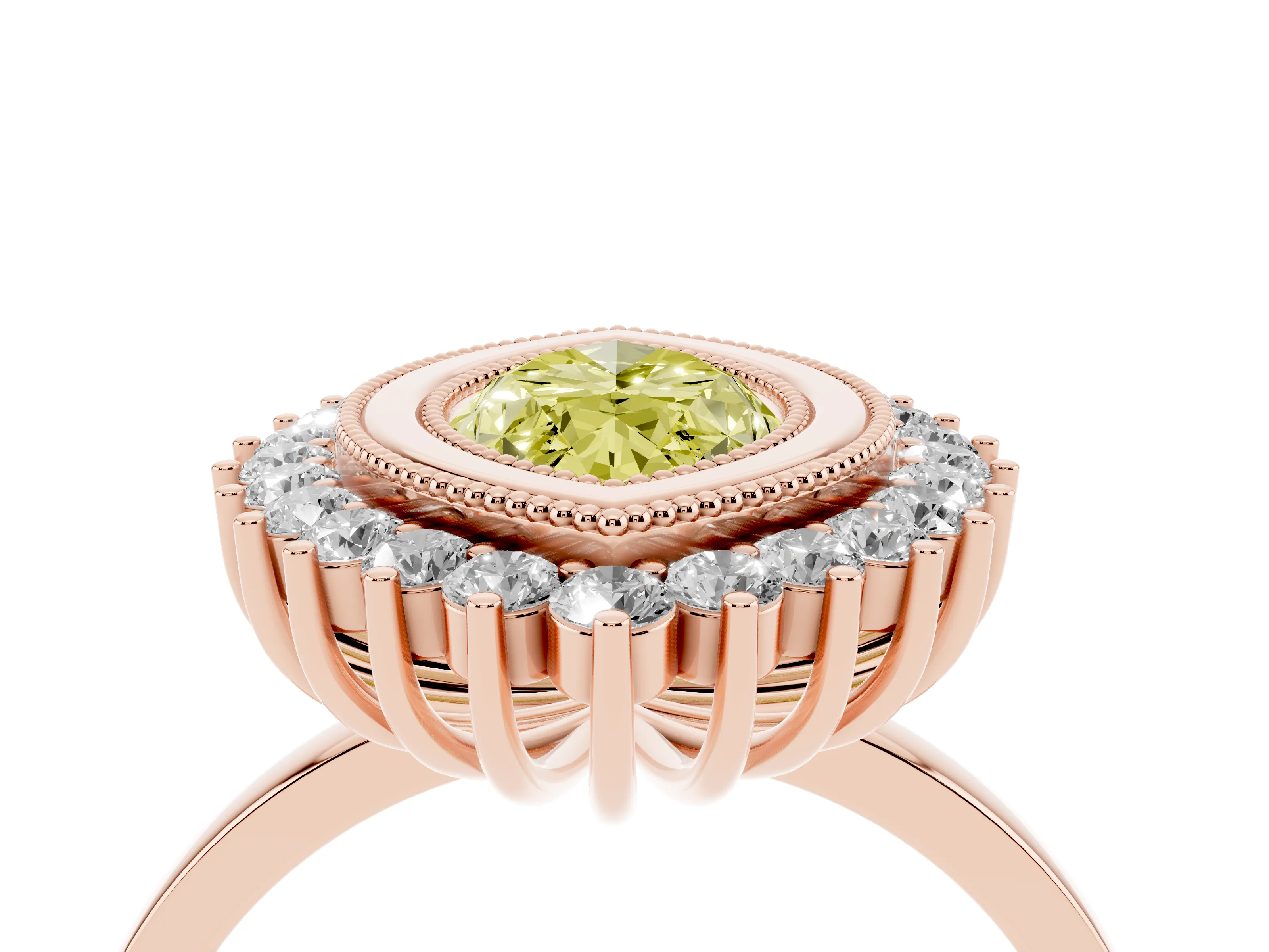 Fancy Yellow Marquise Cut Diamond Halo Ring Set in Rose gold with Milgrain Edge and Round Prong Setting