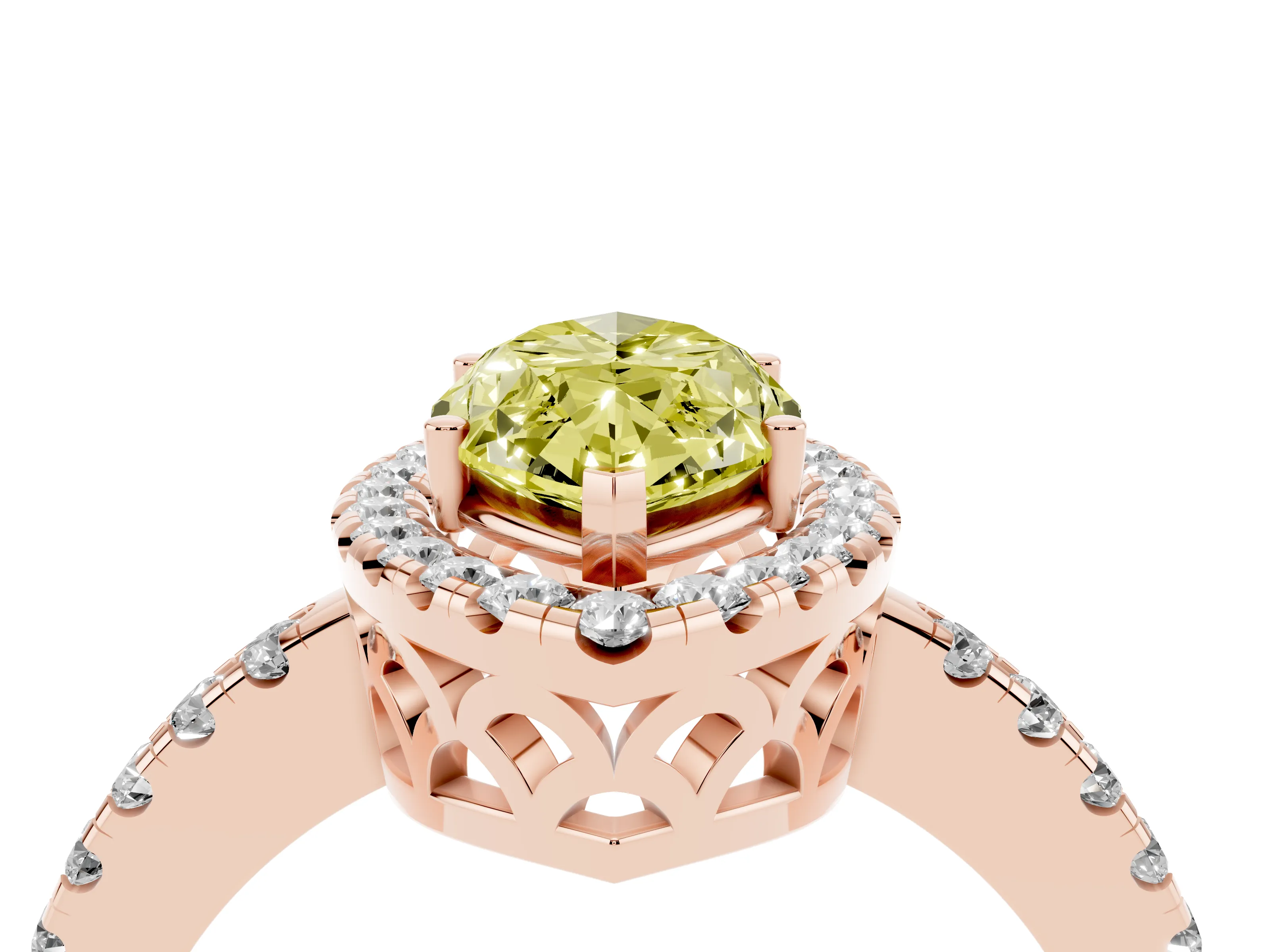 Fancy Yellow Marquise Cut Diamond Pavé Band Halo Engagement Ring Set in Rose gold with Prong Setting