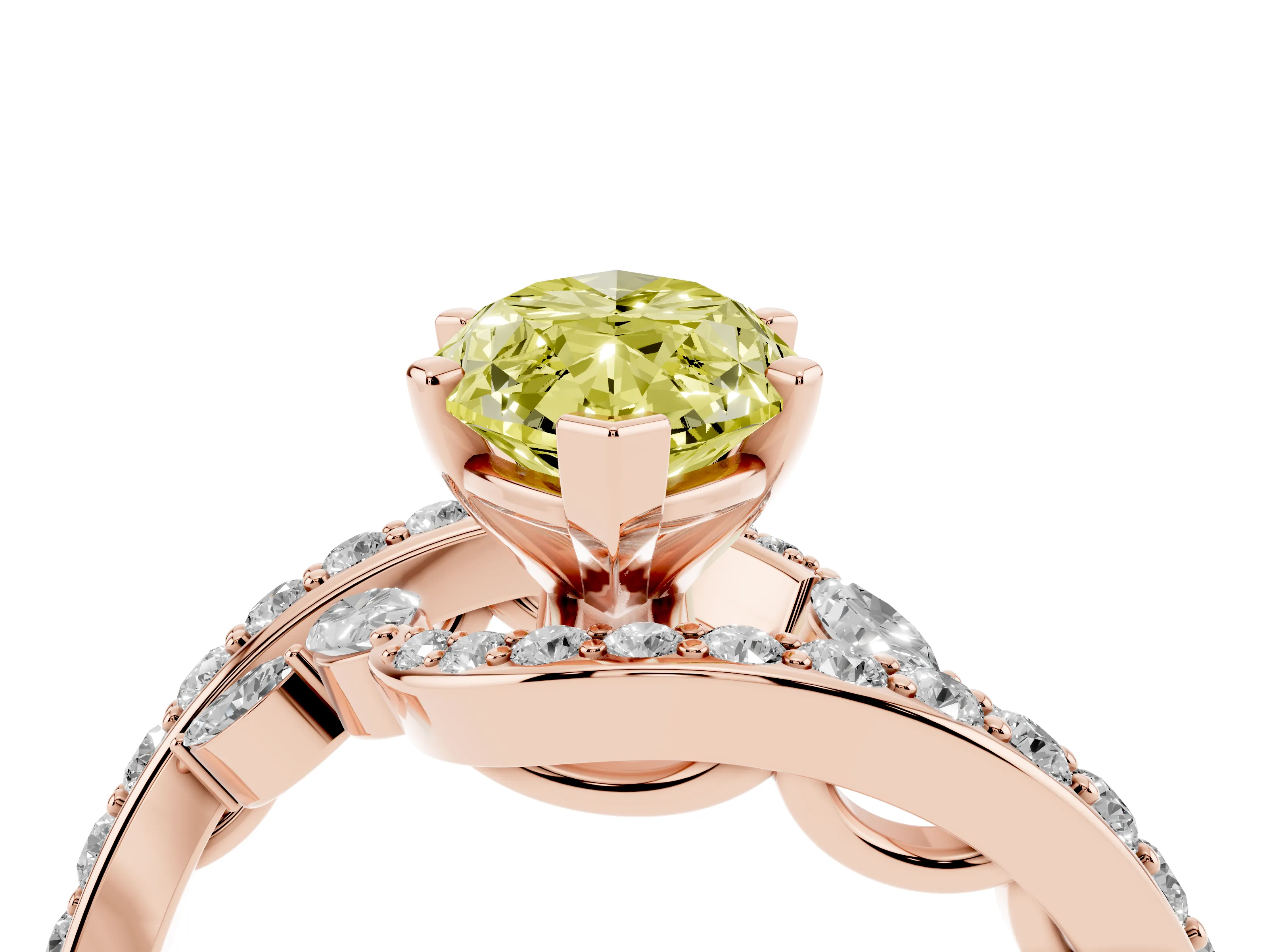 Fancy Yellow Marquise Cut Diamond Solitaire Ring Set in Rose gold with Pavé Twist Band and Secure Prong Setting
