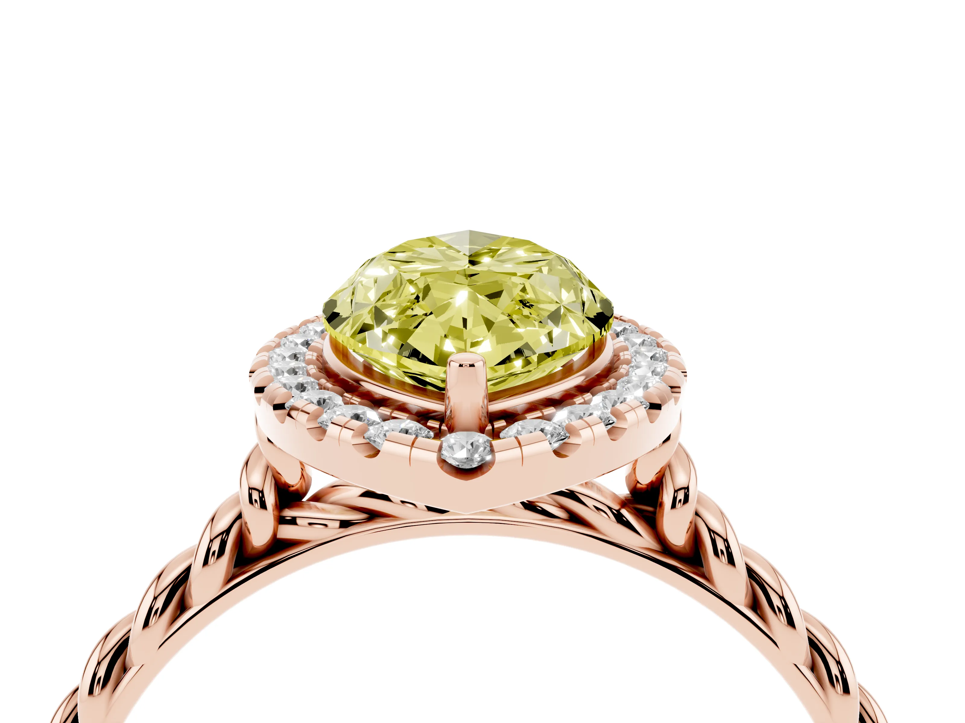 Fancy Yellow Marquise Cut Diamond Halo Ring Set in Rose gold with Plain Twisted Band