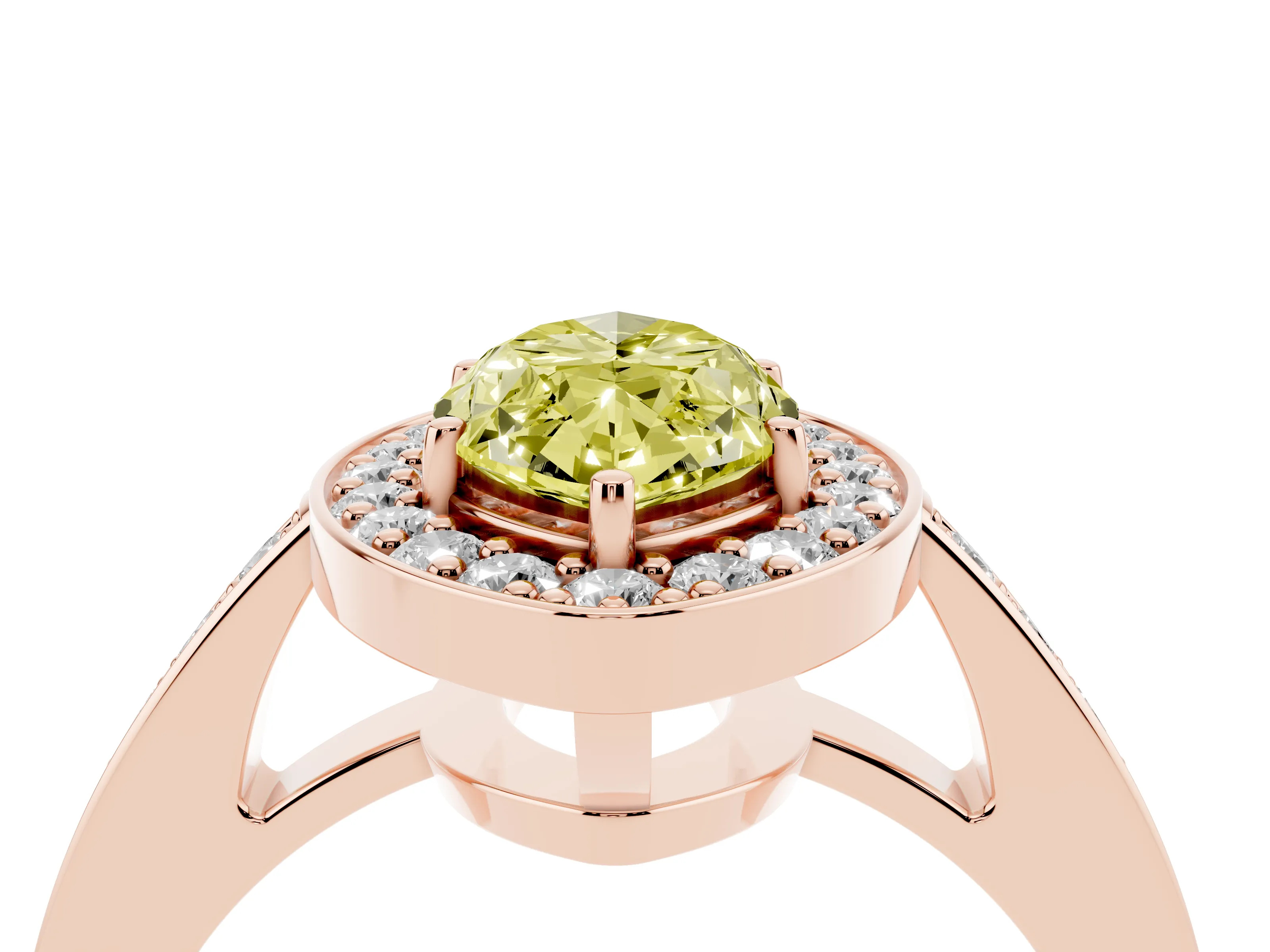 Fancy Yellow Marquise Cut Diamond Halo Pavé Engagement Ring Set in Rose gold with Bezel Setting
