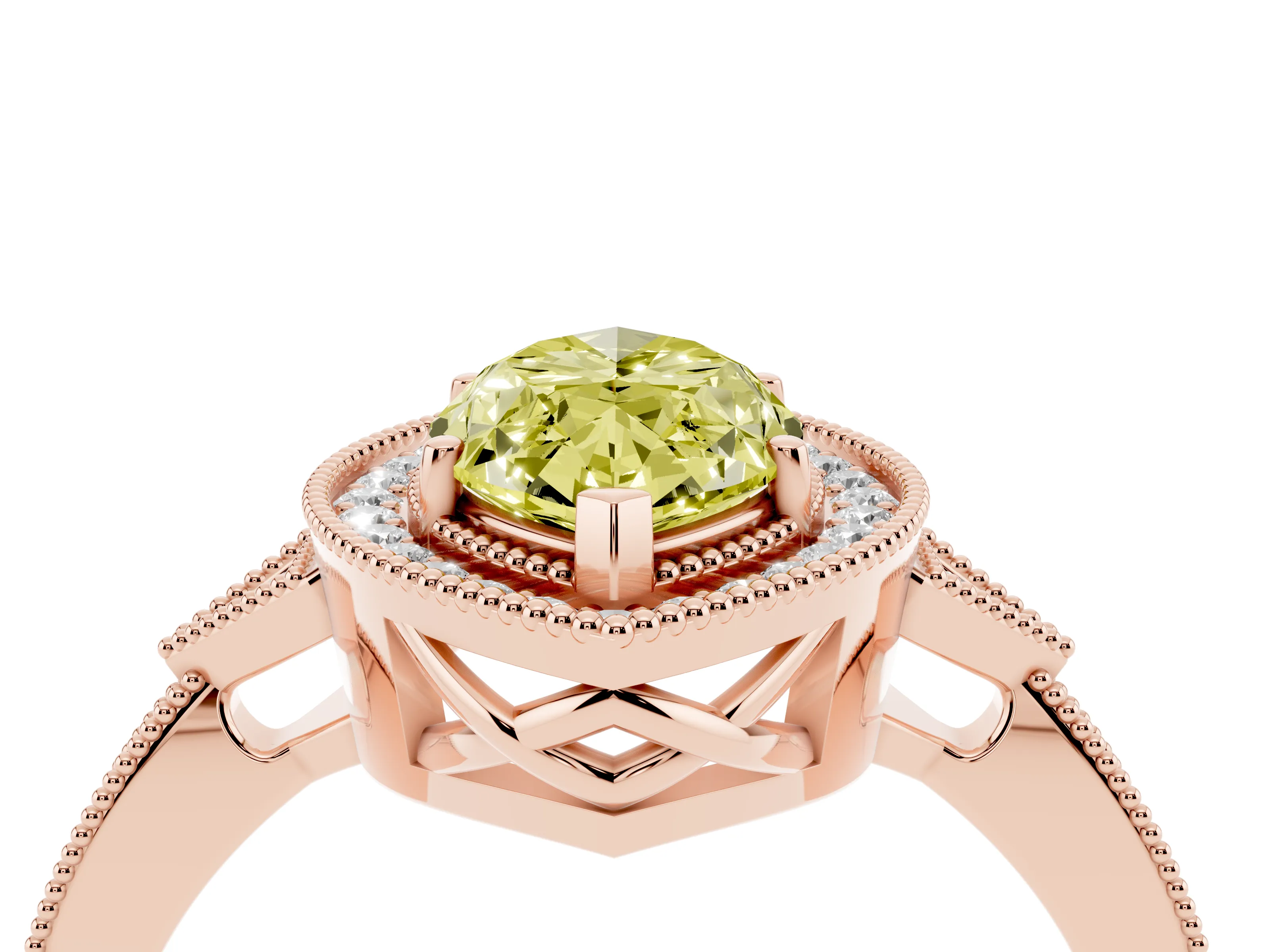 Fancy Yellow Marquise Cut Diamond Halo Engagement Ring Set in Rose gold with Milgrain Pavé Band