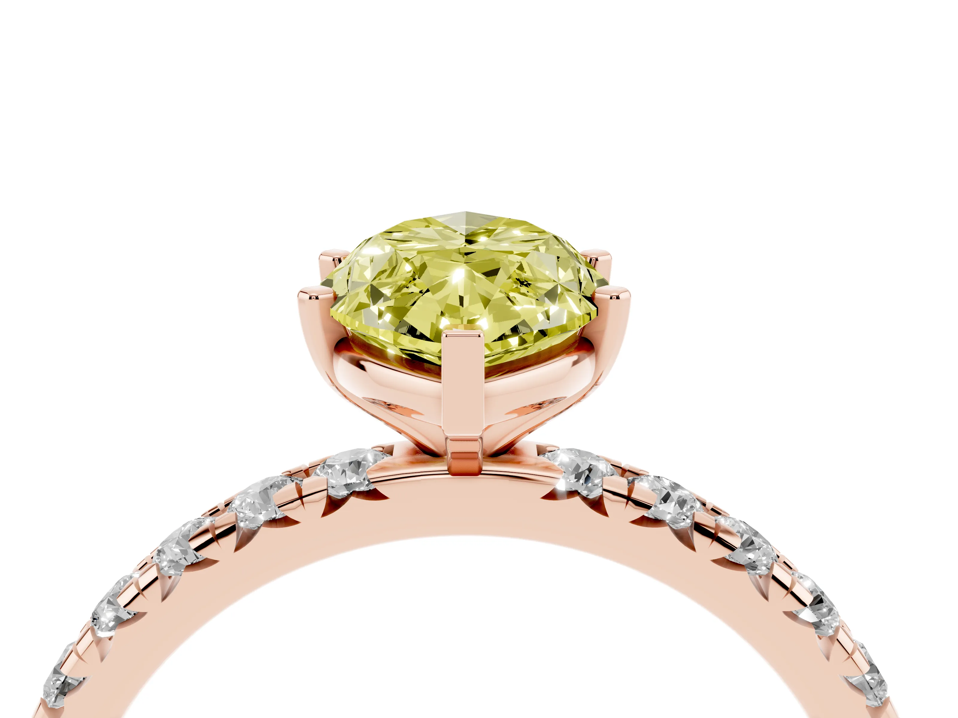 Fancy Yellow Marquise Cut Diamond Pavé Solitaire Ring Set in Rose gold with Round Band and Prong Setting
