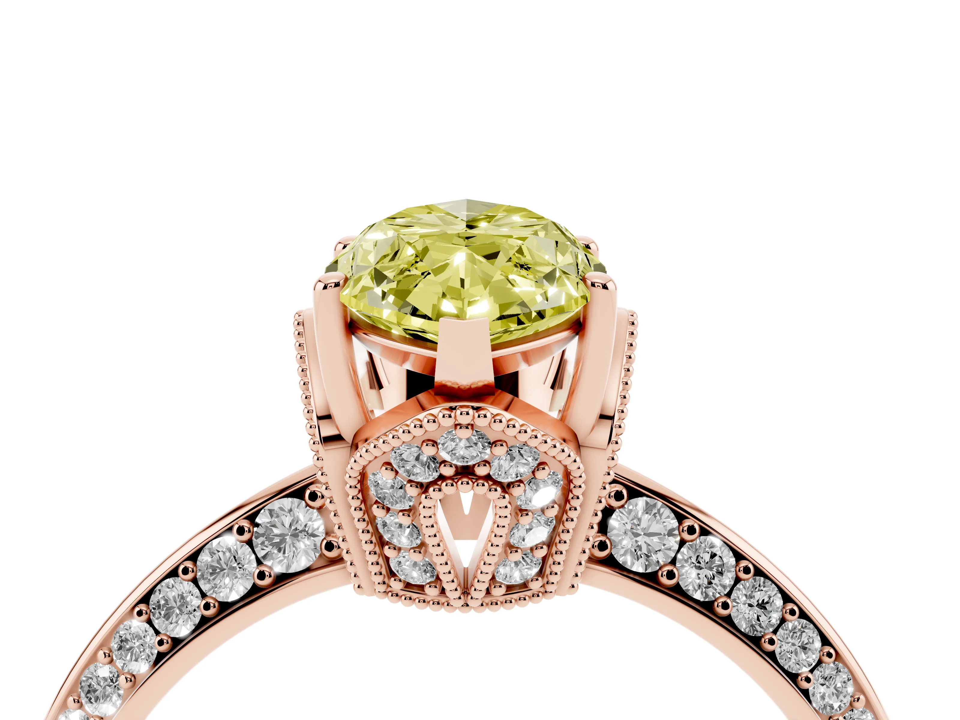 Fancy Yellow Marquise Cut Diamond Solitaire Engagement Ring Set in Rose gold with Pavé Split Shank and Prong Setting