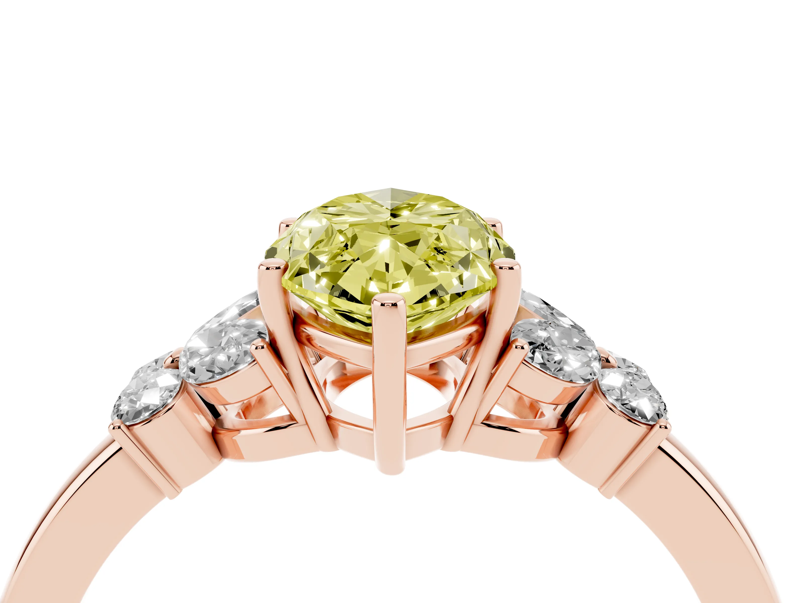Fancy Yellow Marquise Cut Diamond Solitaire Floral Ring Set in Rose gold with Marquise Petals and Prong Setting