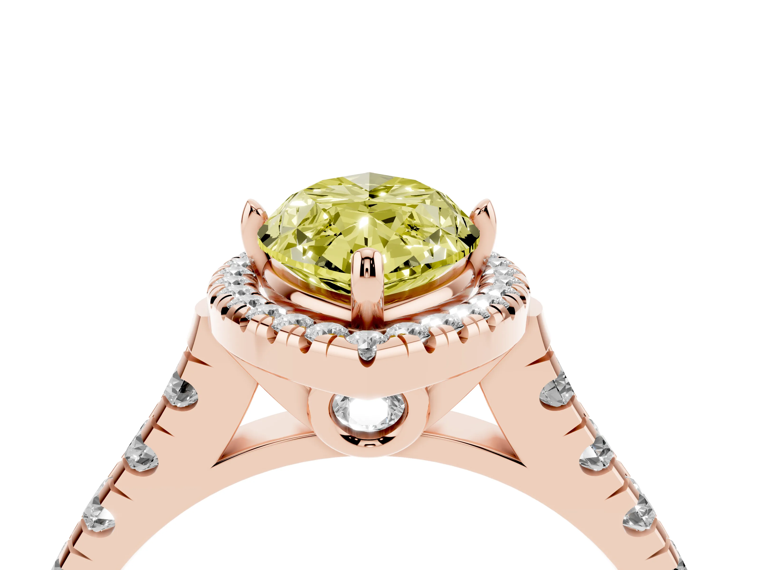 Fancy Yellow Marquise Cut Diamond Halo Engagement Ring Set in Rose gold with Pavé Band and Prong-Set Center