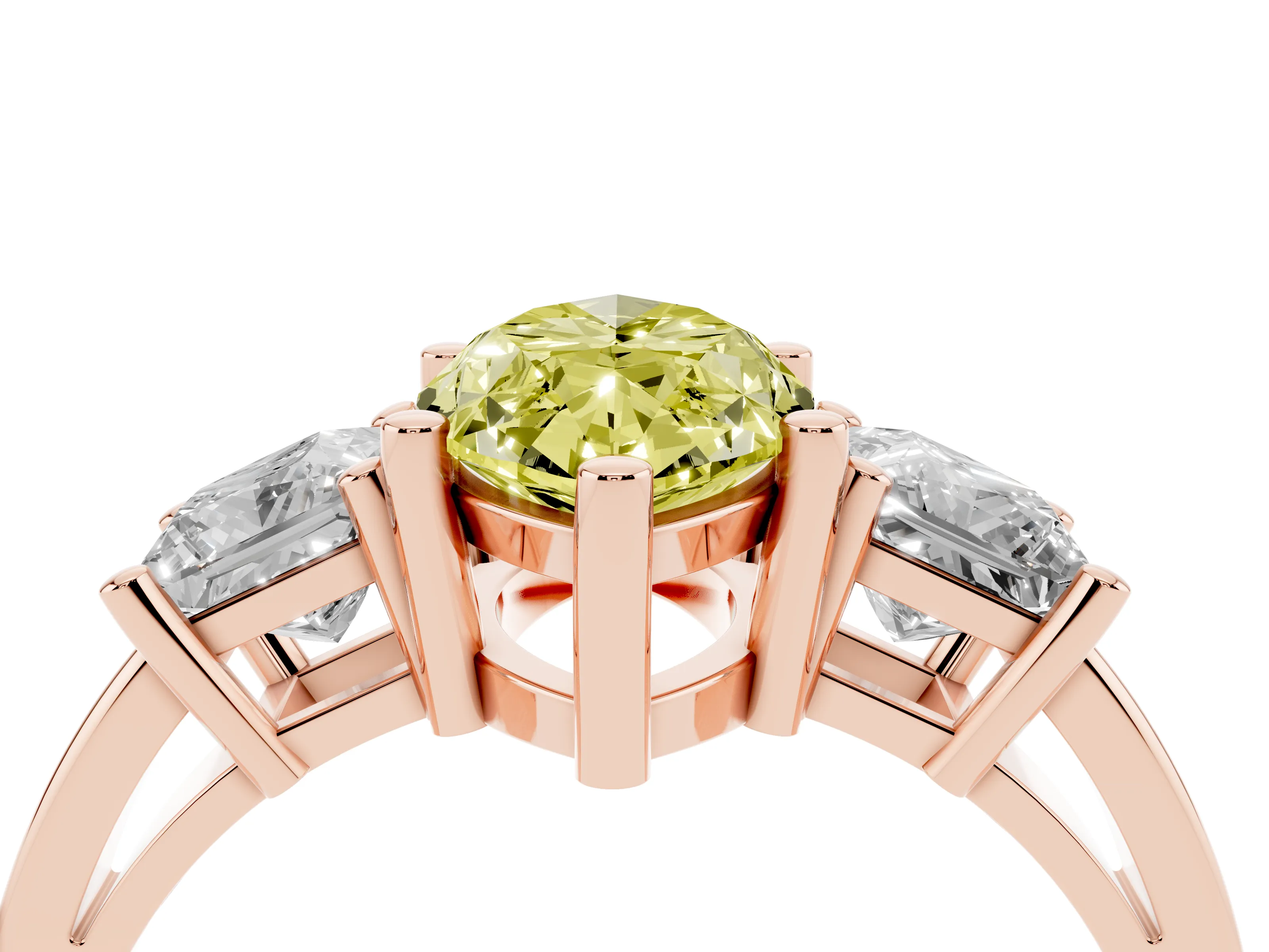 Fancy Yellow Three-Stone Marquise Cut Diamond Solitaire Ring Set in Rose gold with Prong Setting
