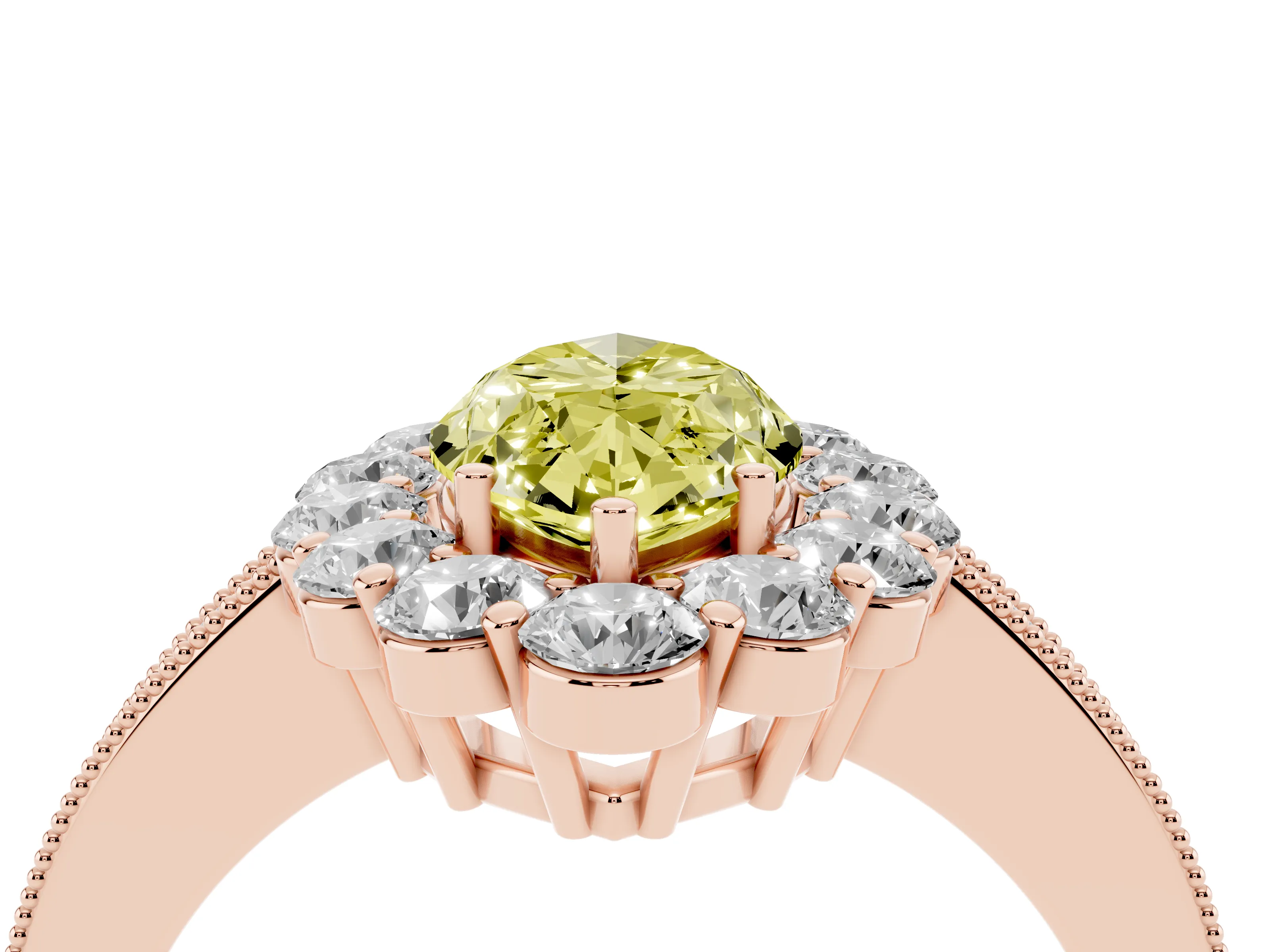 Fancy Yellow Marquise Cut Diamond Halo Pavé Engagement Ring Set in Rose gold with Milgrain Detailing