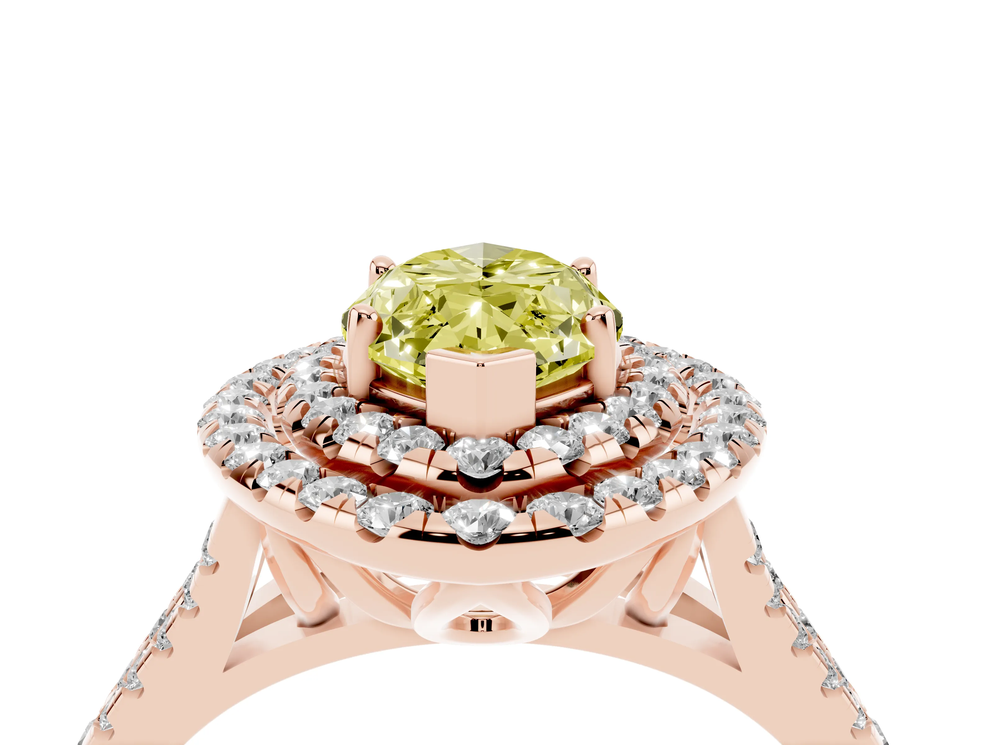 Fancy Yellow Marquise Cut Diamond Double Halo Ring Set in Rose gold with Pavé Split Shank and Prong Setting