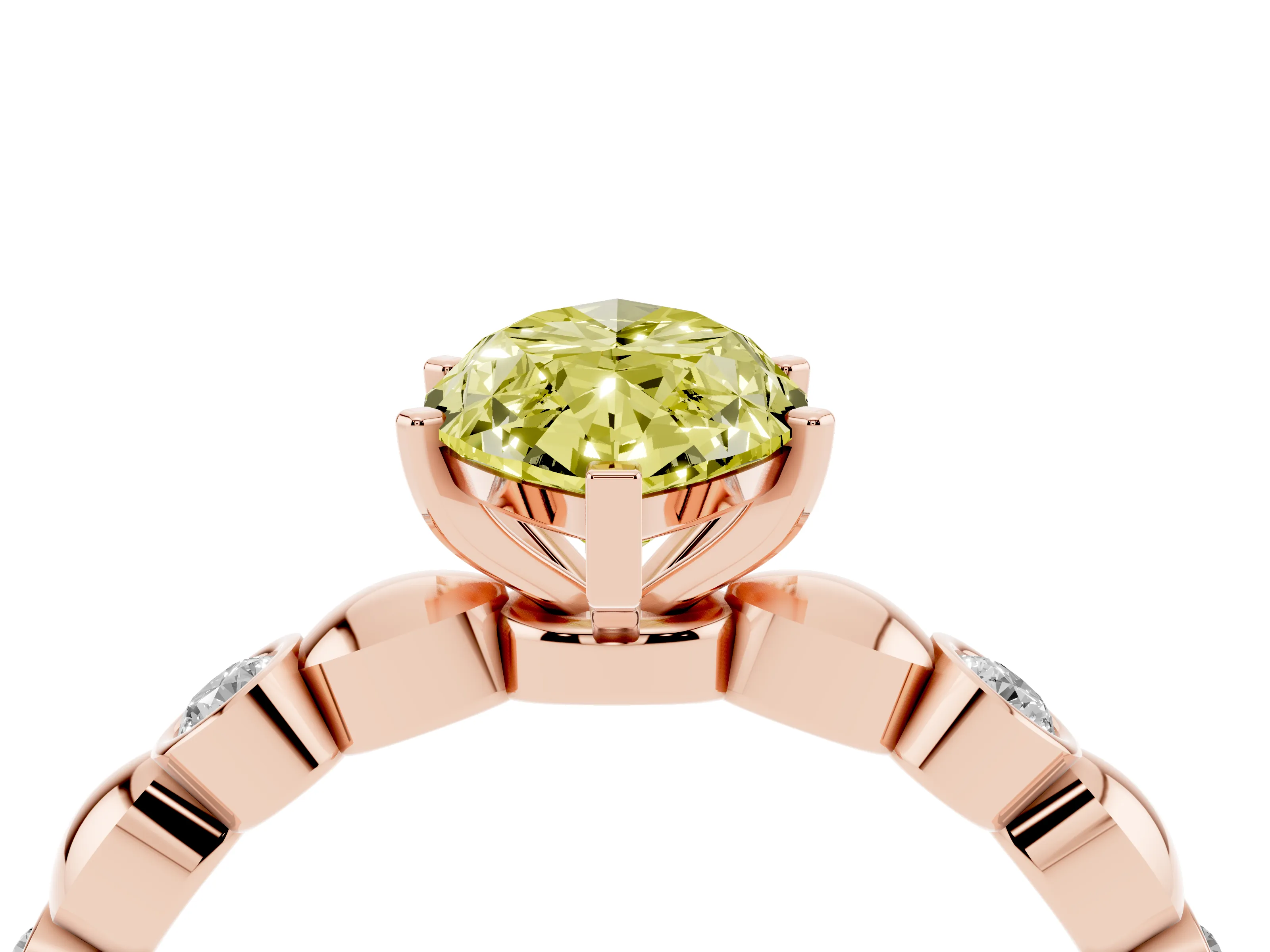 Fancy Yellow Marquise Cut Diamond Solitaire Ring Set in Rose gold with Bezel-Set Accents on Beaded Band and Prong Setting