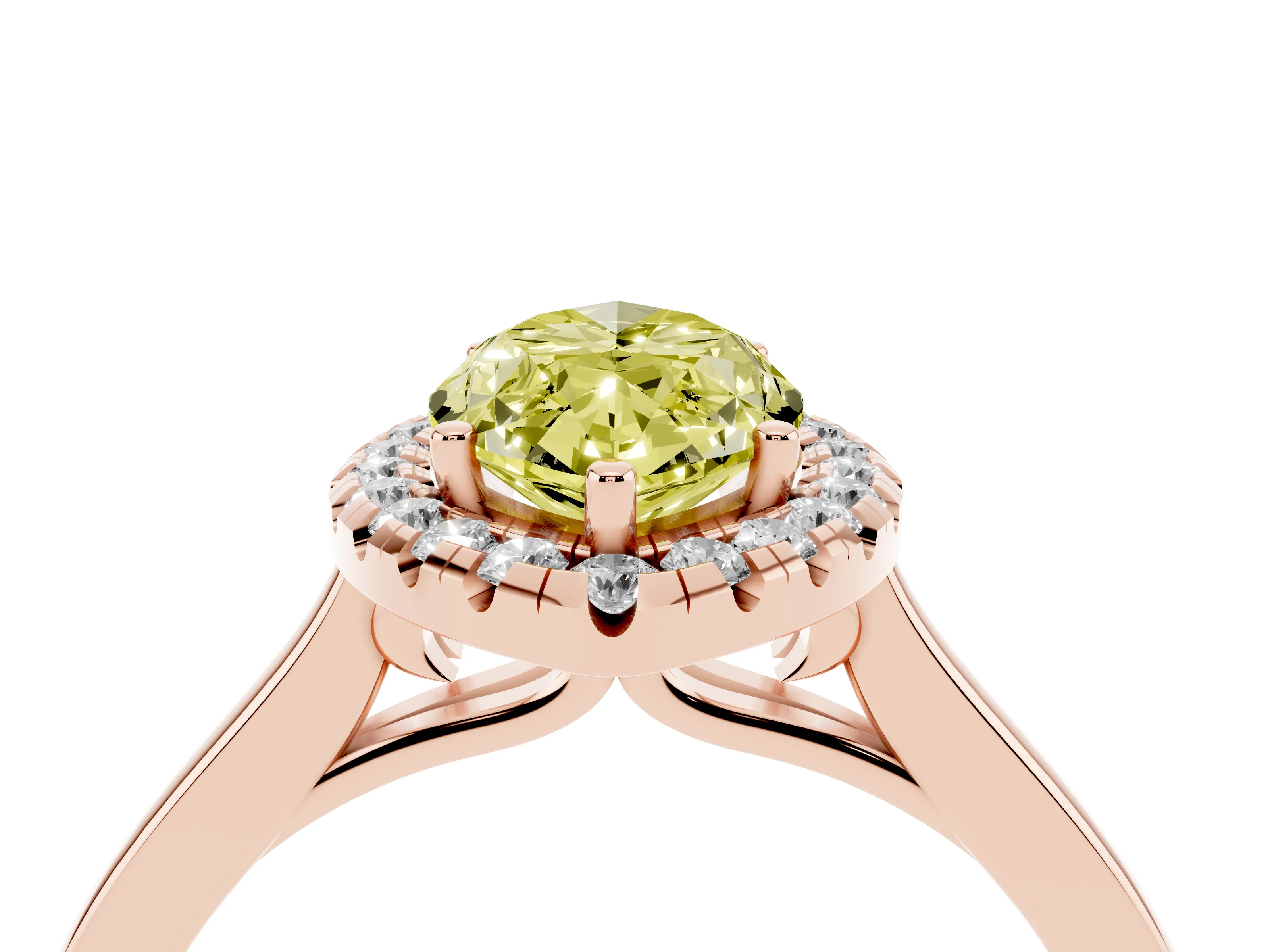 Fancy Yellow Marquise Cut Halo Round Diamond Solitaire Ring Set in Rose gold with Pavé Band and Prong Setting