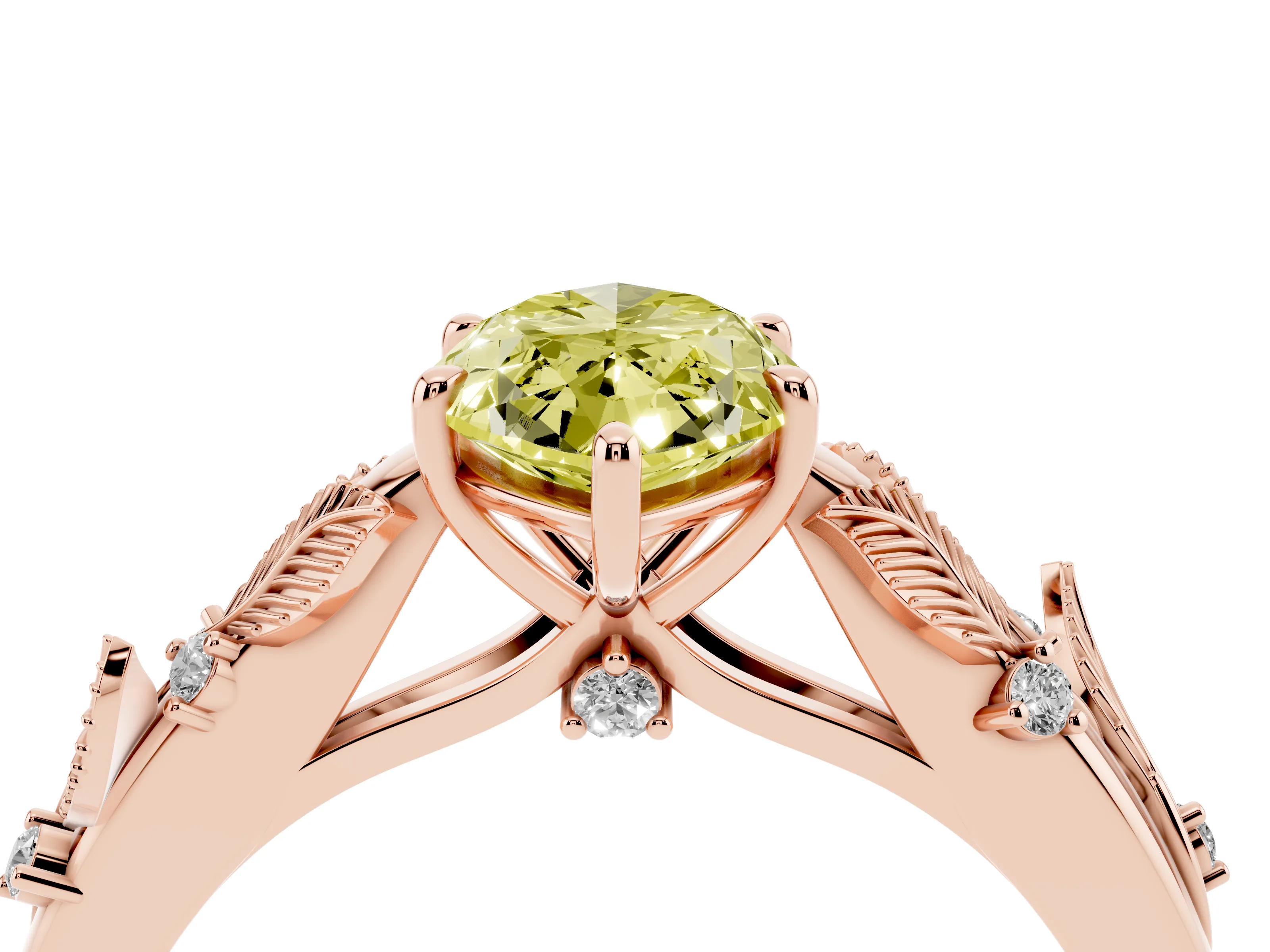 Fancy Yellow Marquise Cut Diamond Solitaire Ring Set in Rose gold with Leaf Motif Band
