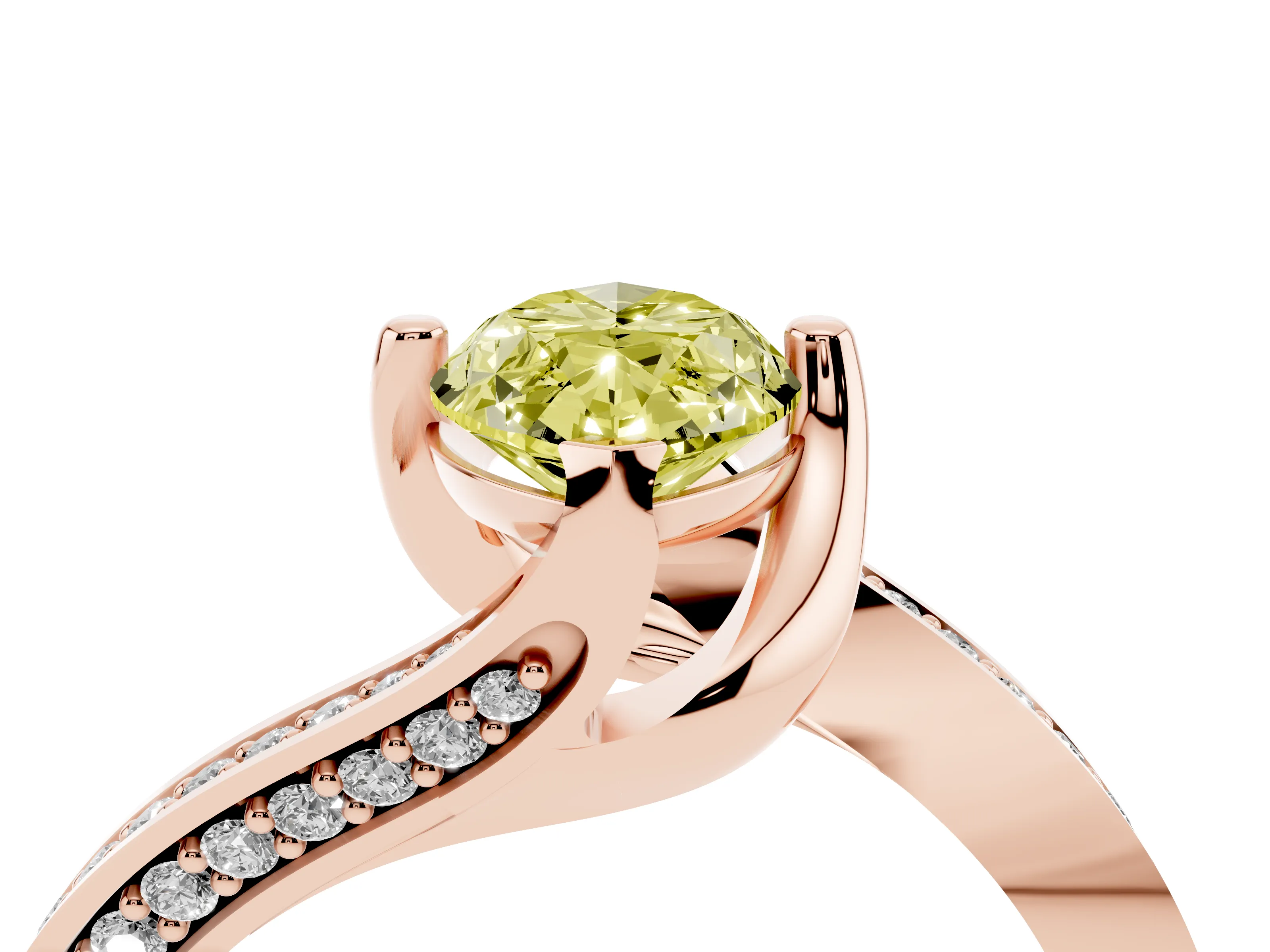 Fancy Yellow Marquise Cut Diamond Solitaire Ring Set in Rose gold with Intertwined Pavé Twist Band