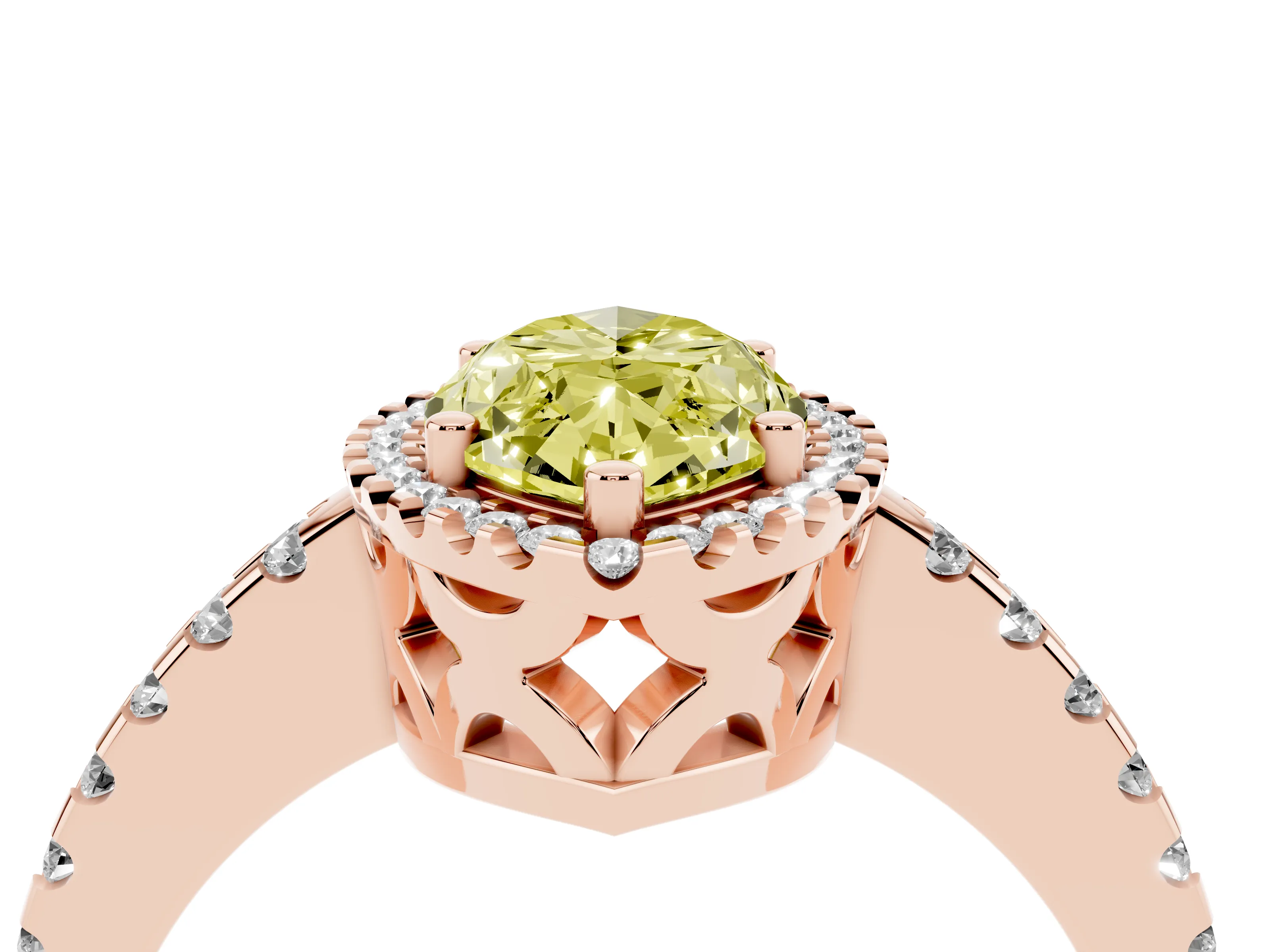 Fancy Yellow Marquise Cut Diamond Halo Ring Set in Rose gold with Pavé Shoulders and Halo-Framed Center