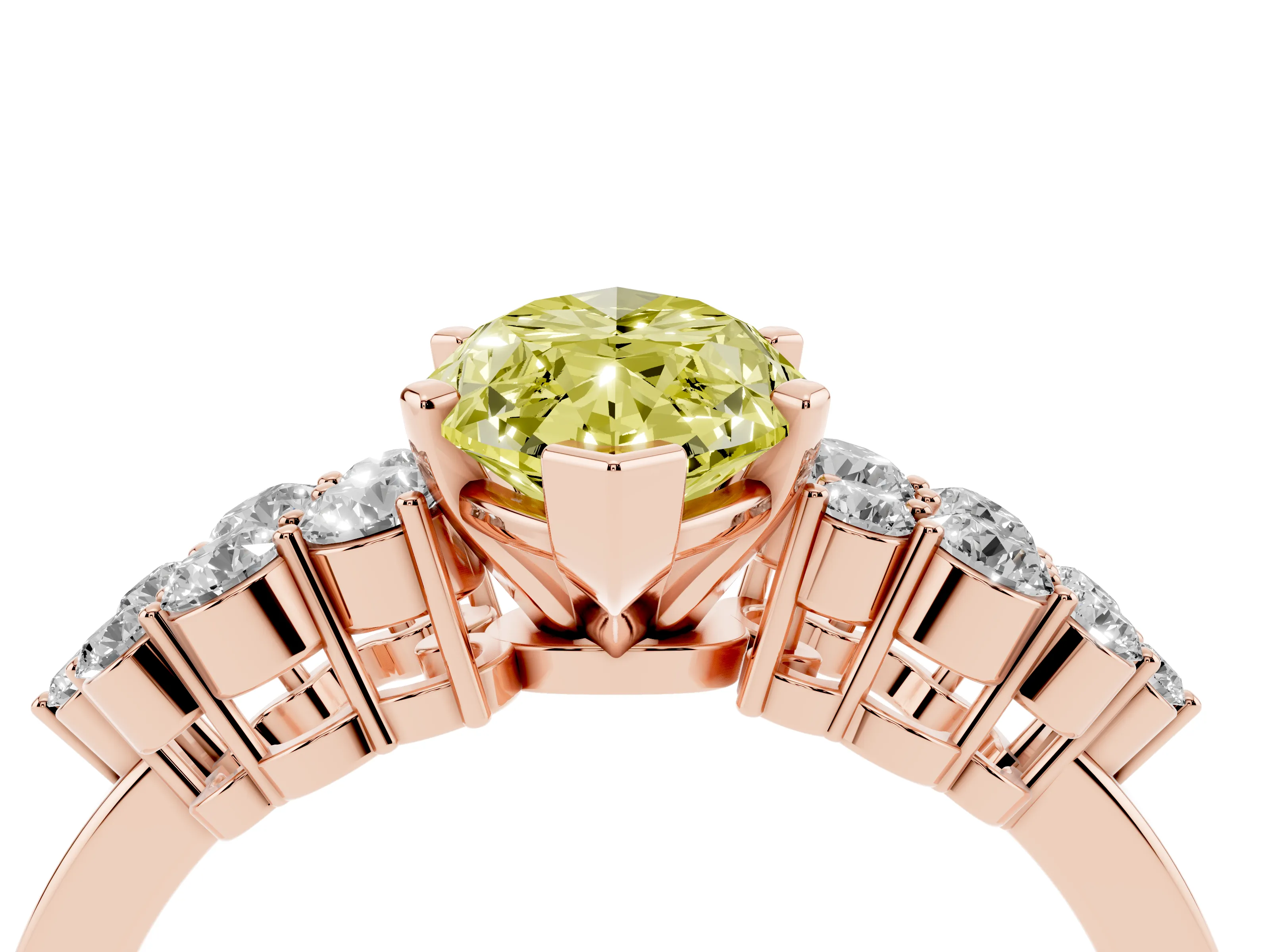 Fancy Yellow Marquise Cut Diamond Cluster Engagement Ring Set in Rose gold with Pavé Band and Prong Setting