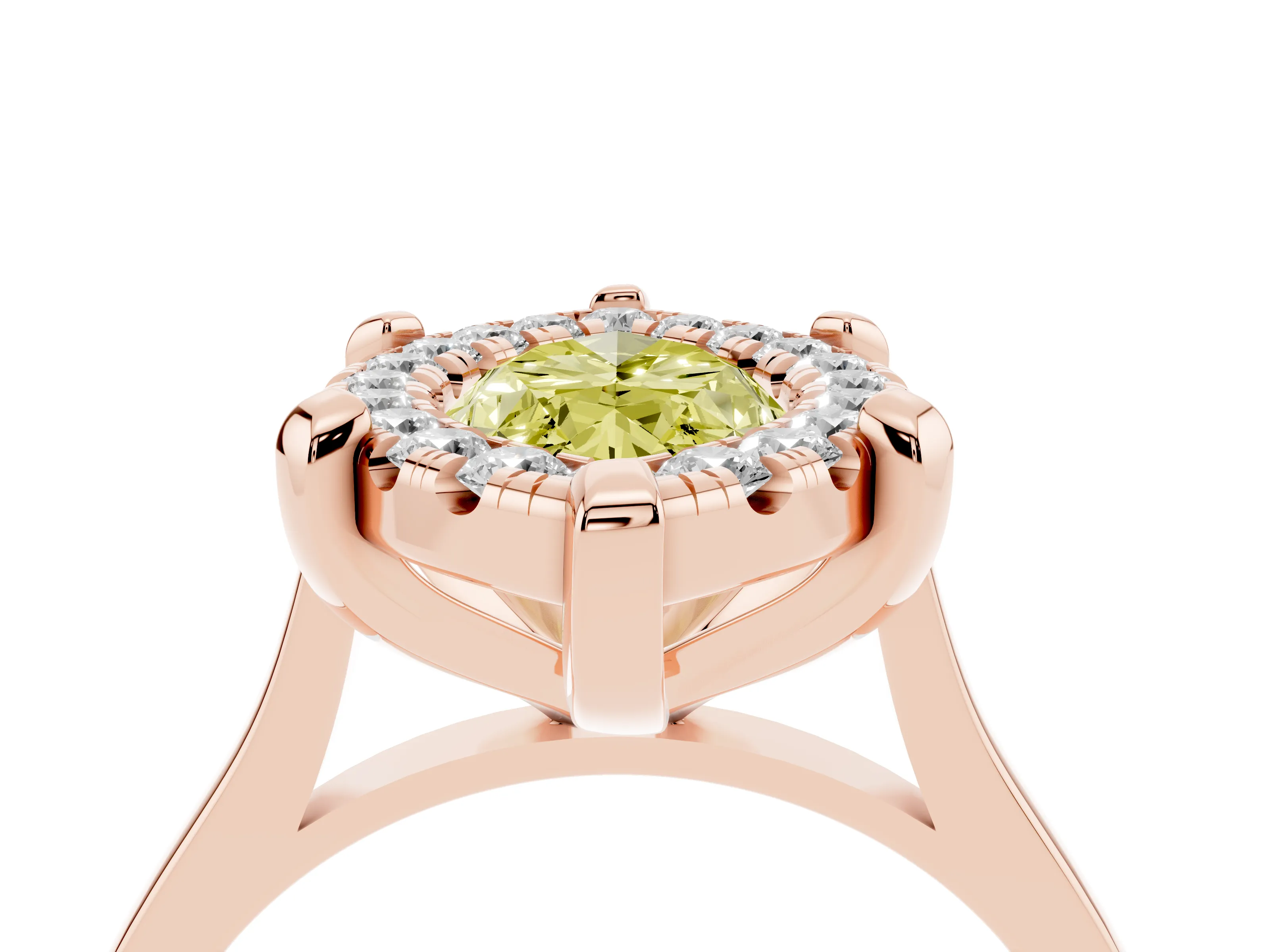 Fancy Yellow Marquise Cut Diamond Cluster Halo Solitaire Ring Set in Rose gold with Prong Setting
