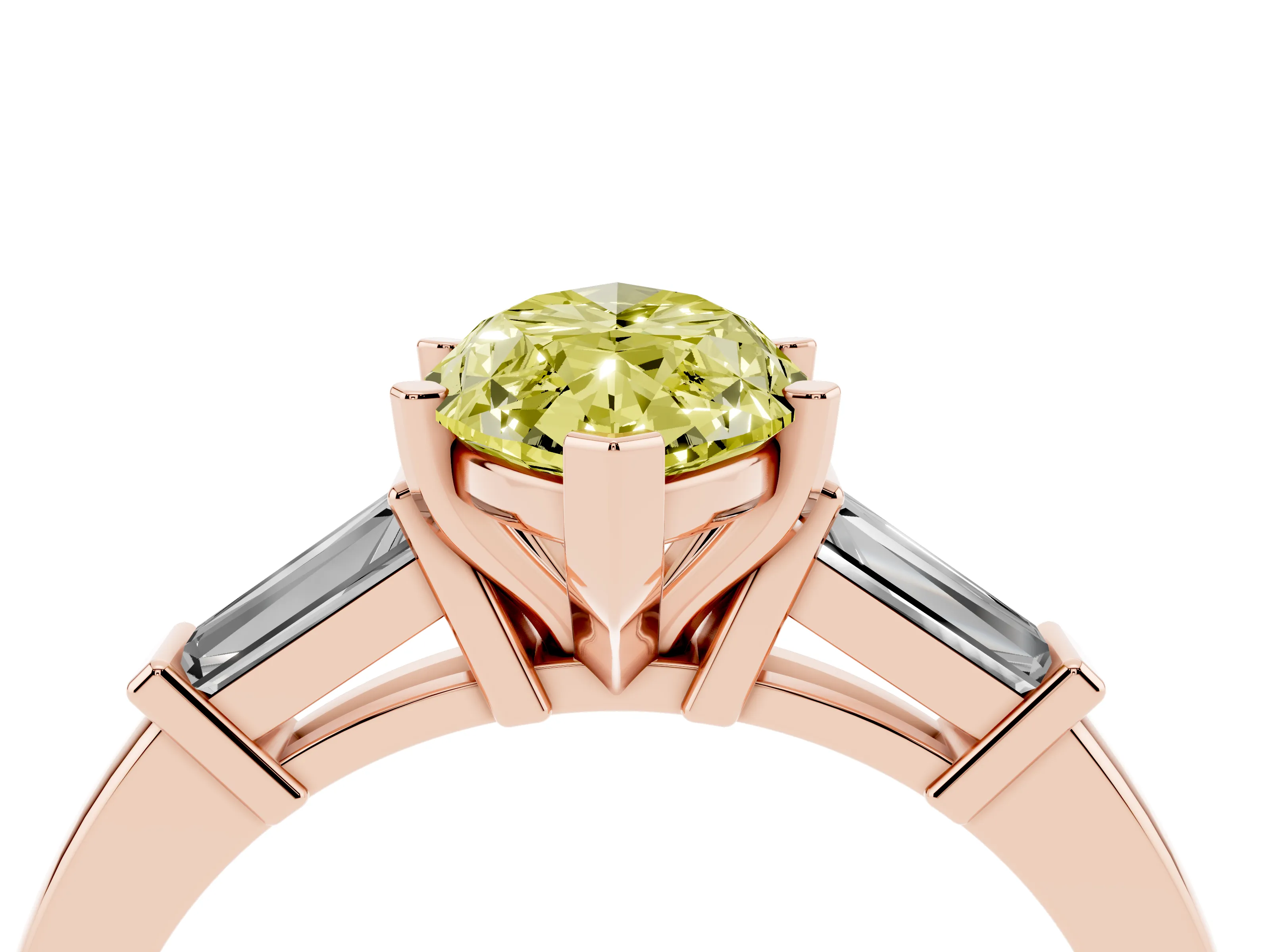 Fancy Yellow Marquise Cut Diamond Solitaire Ring Set in Rose gold with Tapered Baguette Accents and Prong Setting