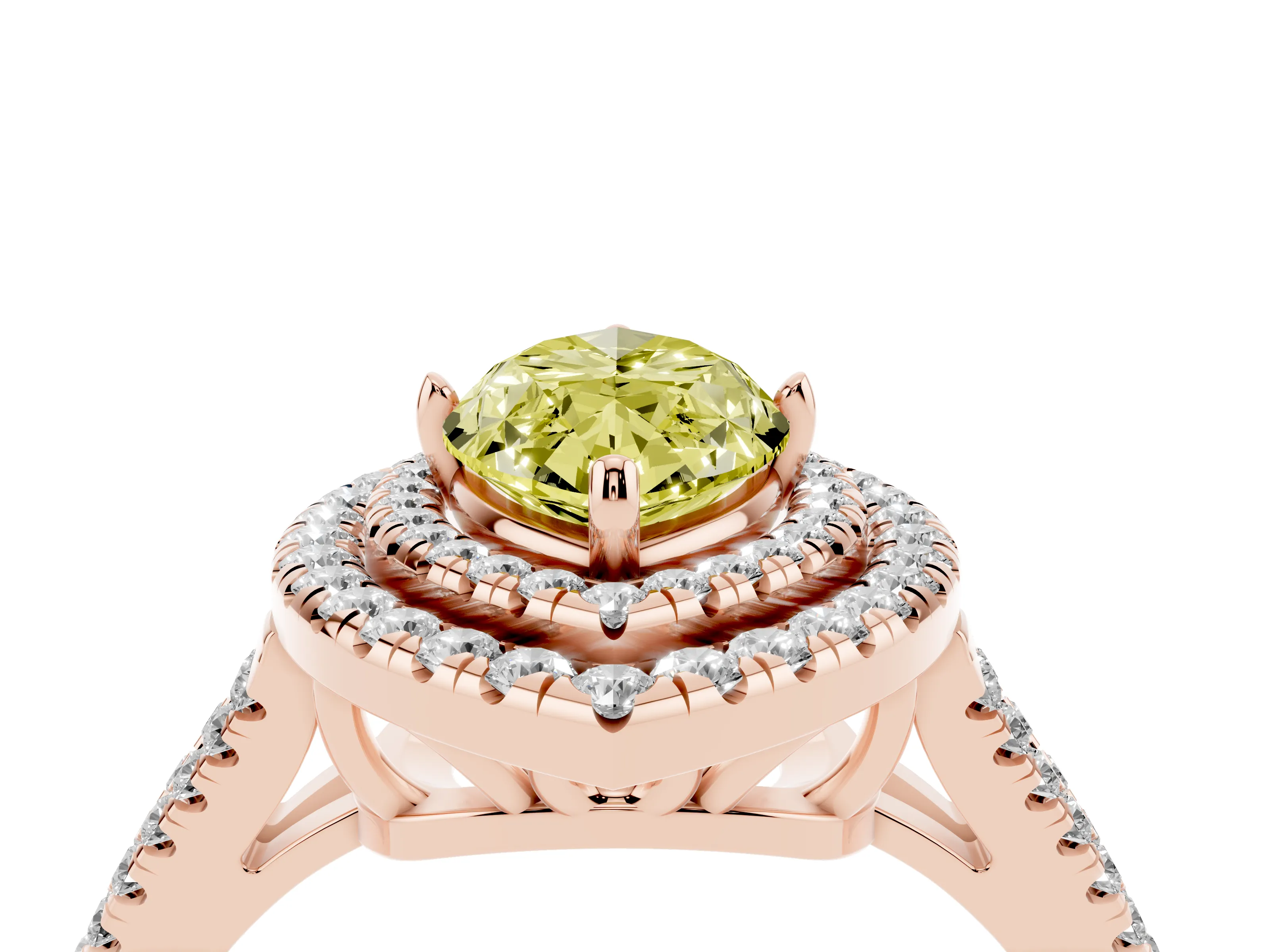 Fancy Yellow Marquise Cut Diamond Double Halo Ring Set in Rose gold with Pavé Band