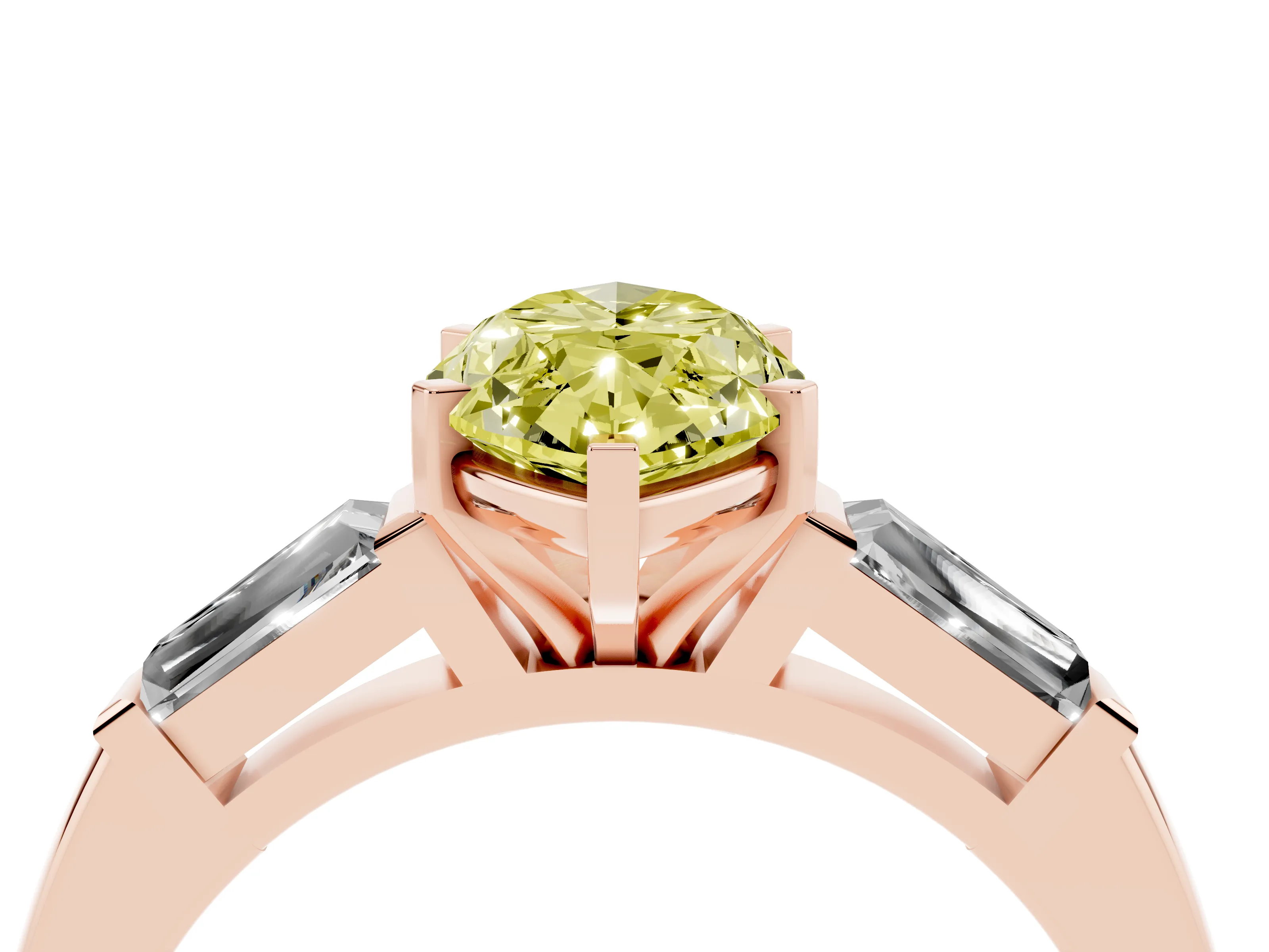 Fancy Yellow Marquise Cut Diamond Solitaire Ring Set in Rose gold with Tapered Baguette Side Stones and Prong Setting