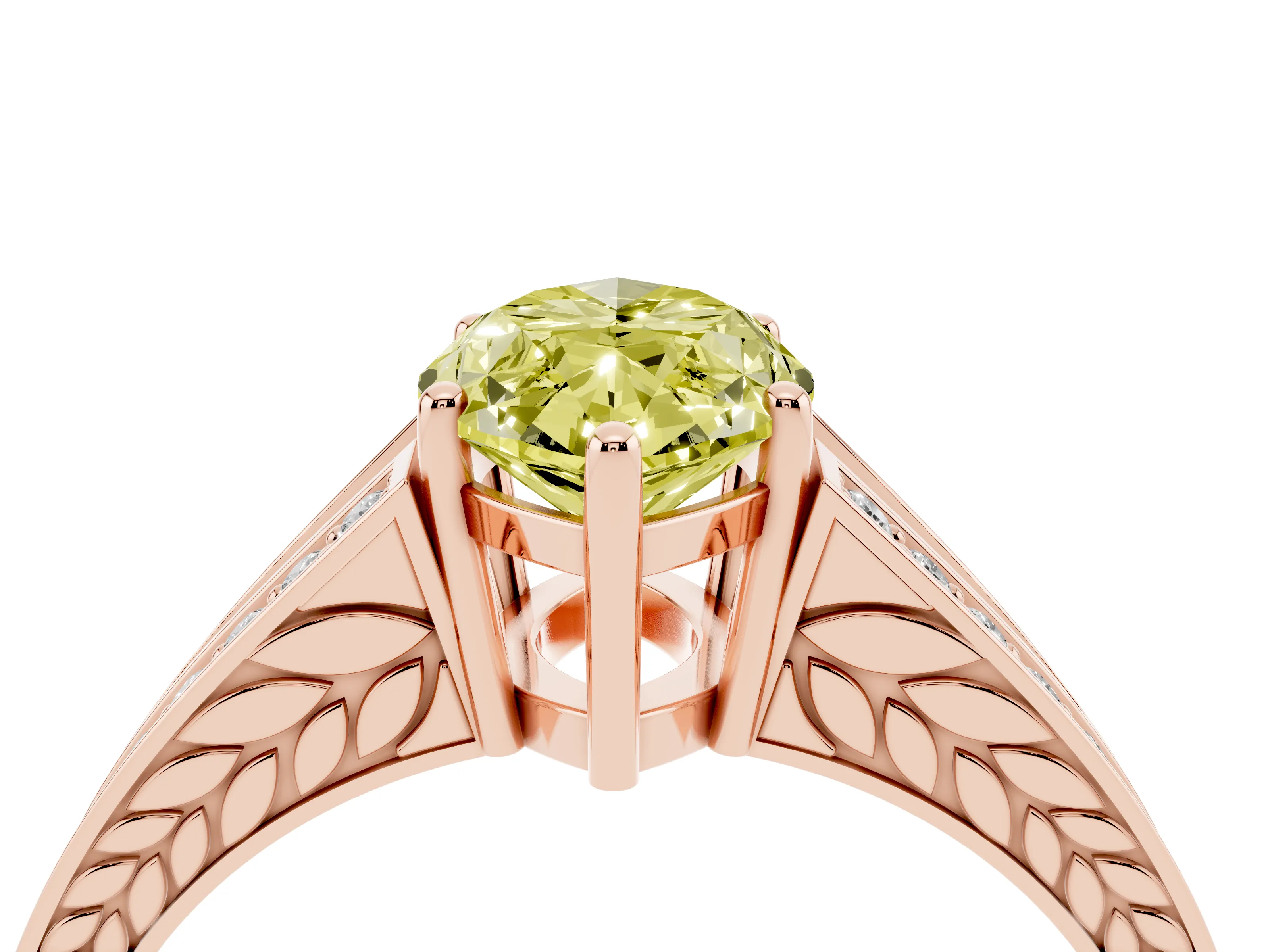 Fancy Yellow Marquise Cut Diamond Split Shank Ring Set in Rose gold with Pavé Band and Prong Setting