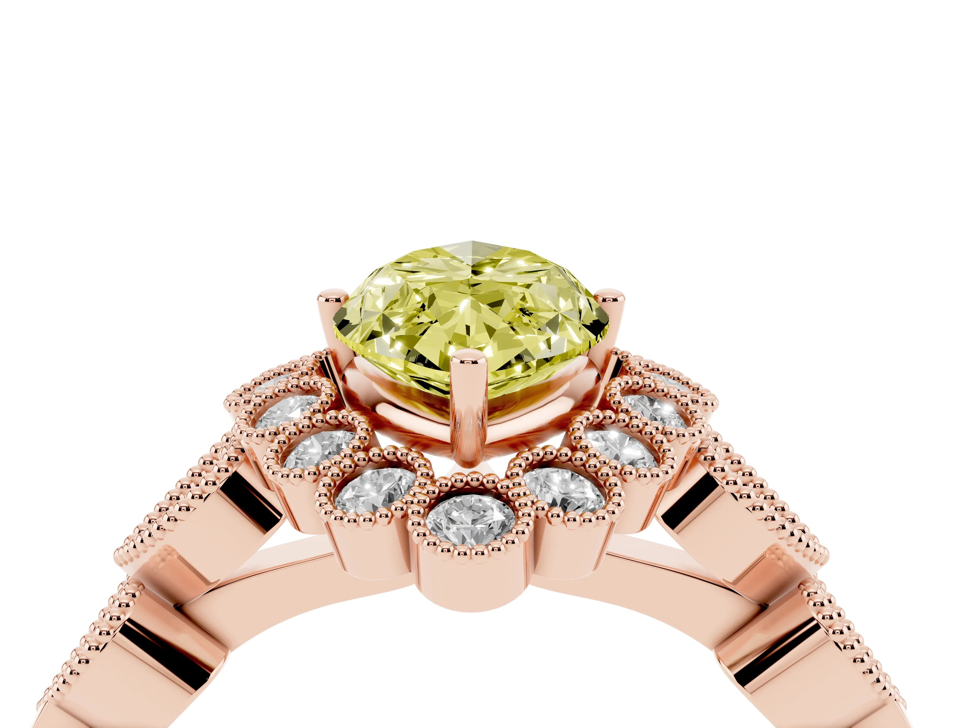 Fancy Yellow Marquise Cut Diamond Solitaire Ring Set in Rose gold with Milgrain Pavé Heart Band