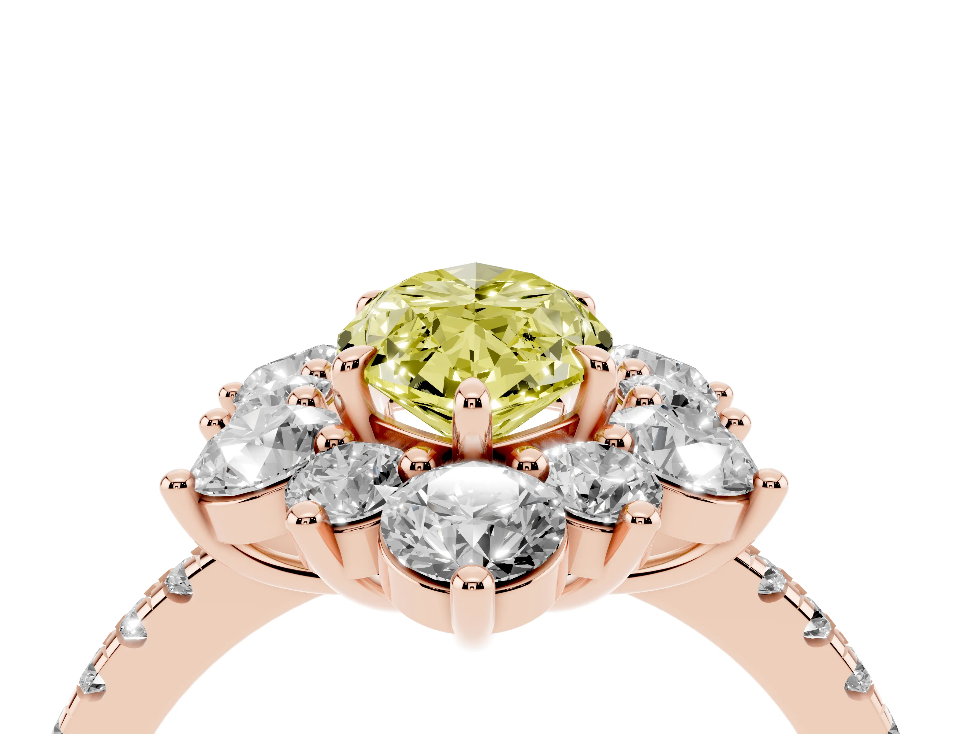Fancy Yellow Marquise Cut Diamond Floral Halo Ring Set in Rose gold with Round Pavé Band and Prong Setting