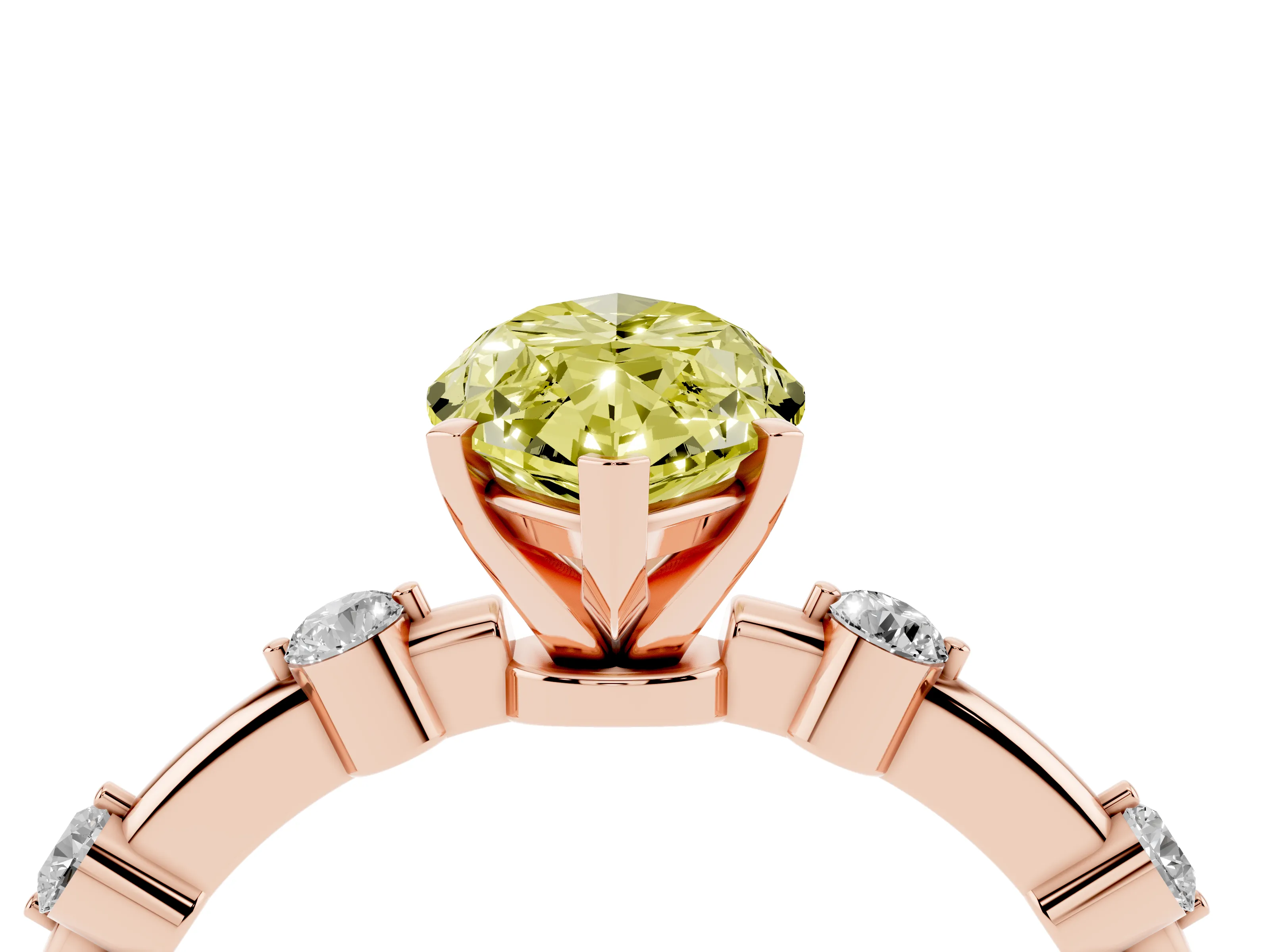 Fancy Yellow Marquise Cut Diamond Solitaire Ring Set in Rose gold with Bezel Set Side Stones and Prong Setting