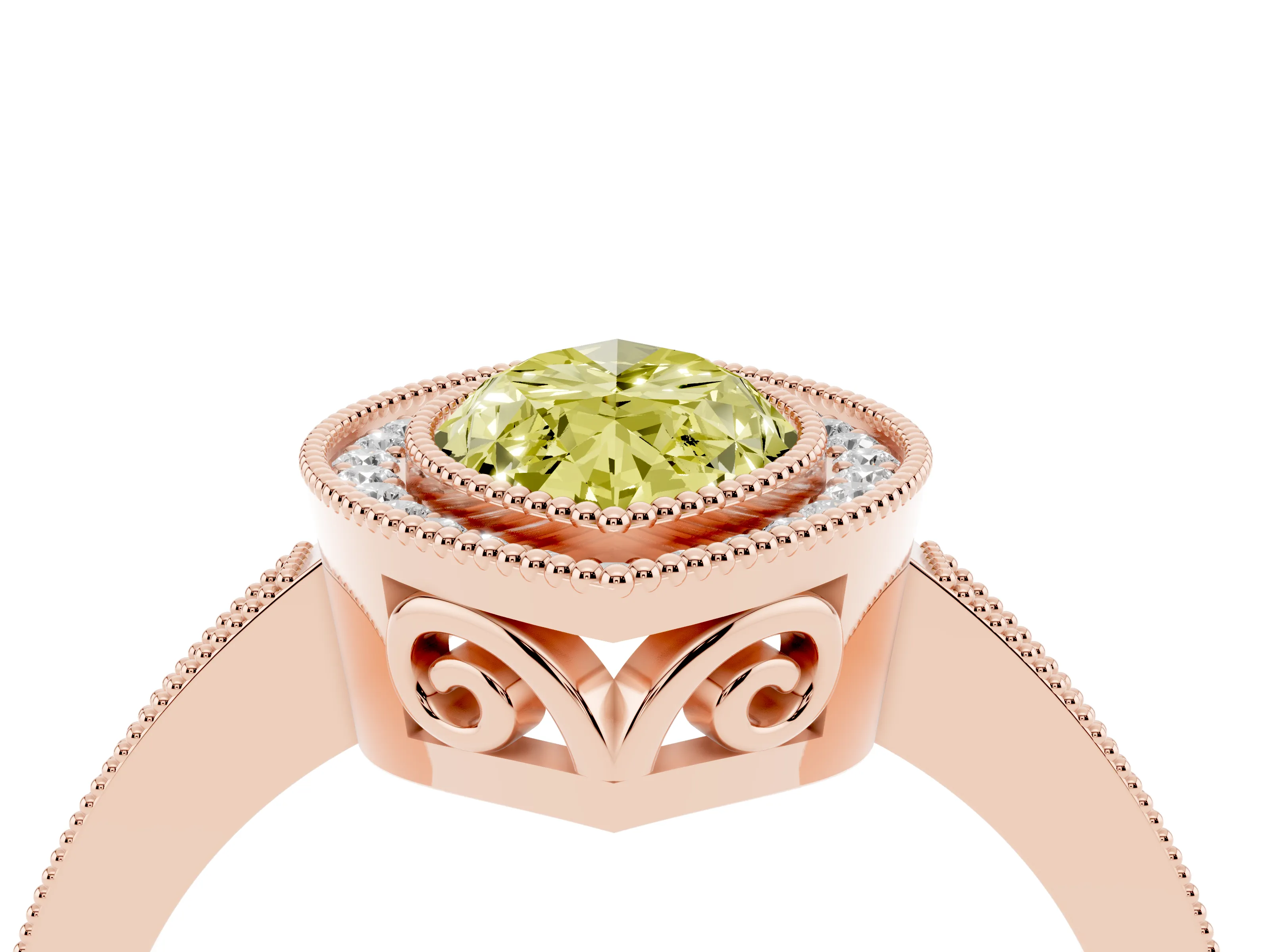Fancy Yellow Marquise Cut Diamond Halo Ring Set in Rose gold with Pavé Band and Milgrain-Edged Prongs