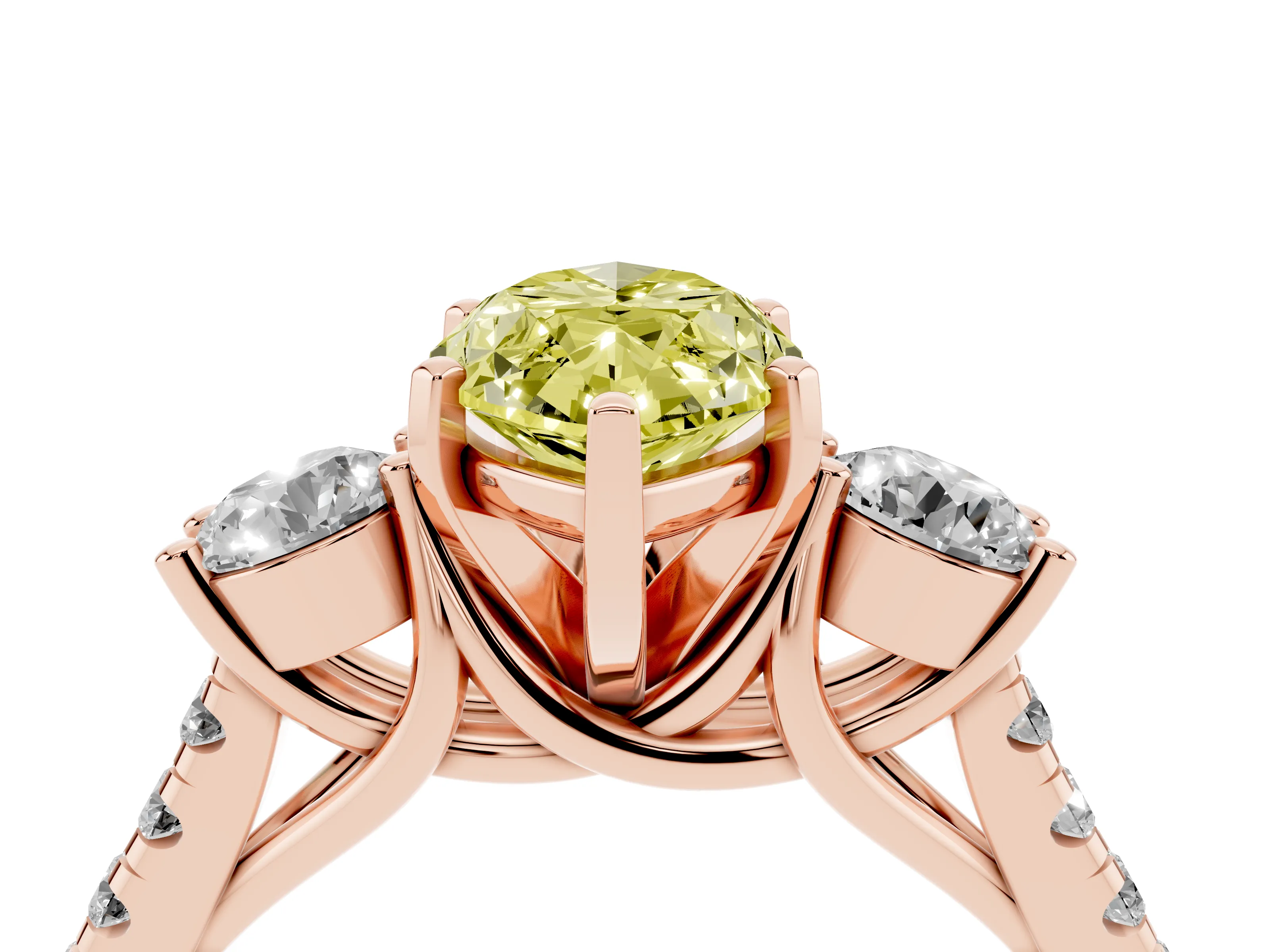Fancy Yellow Three-Stone Marquise Cut Diamond Pavé Band Ring Set in Rose gold with Prong-Set Trio