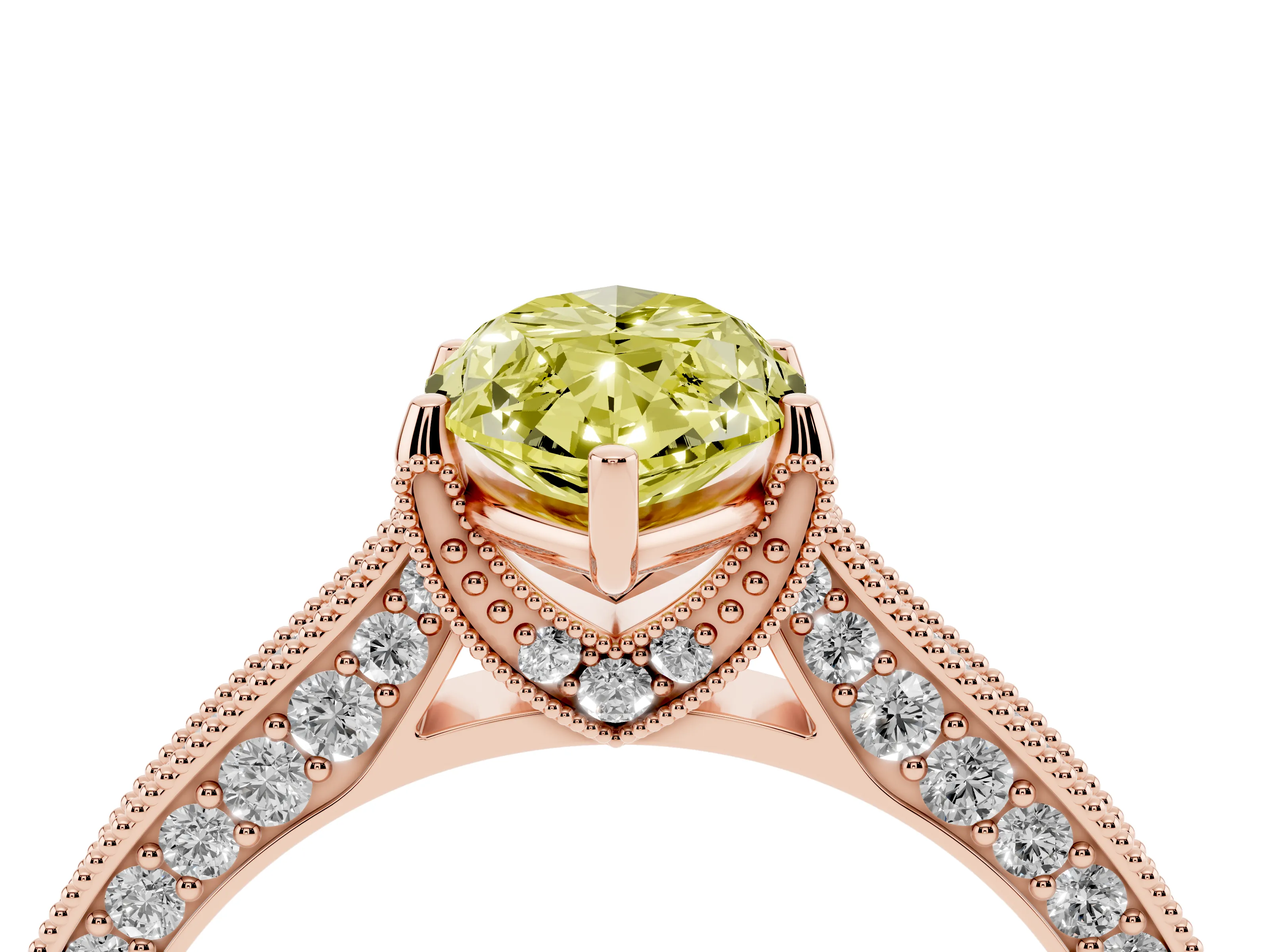 Fancy Yellow Marquise Cut Diamond Solitaire Ring Set in Rose gold with Milgrain-Edged Pavé Band and Prong Setting
