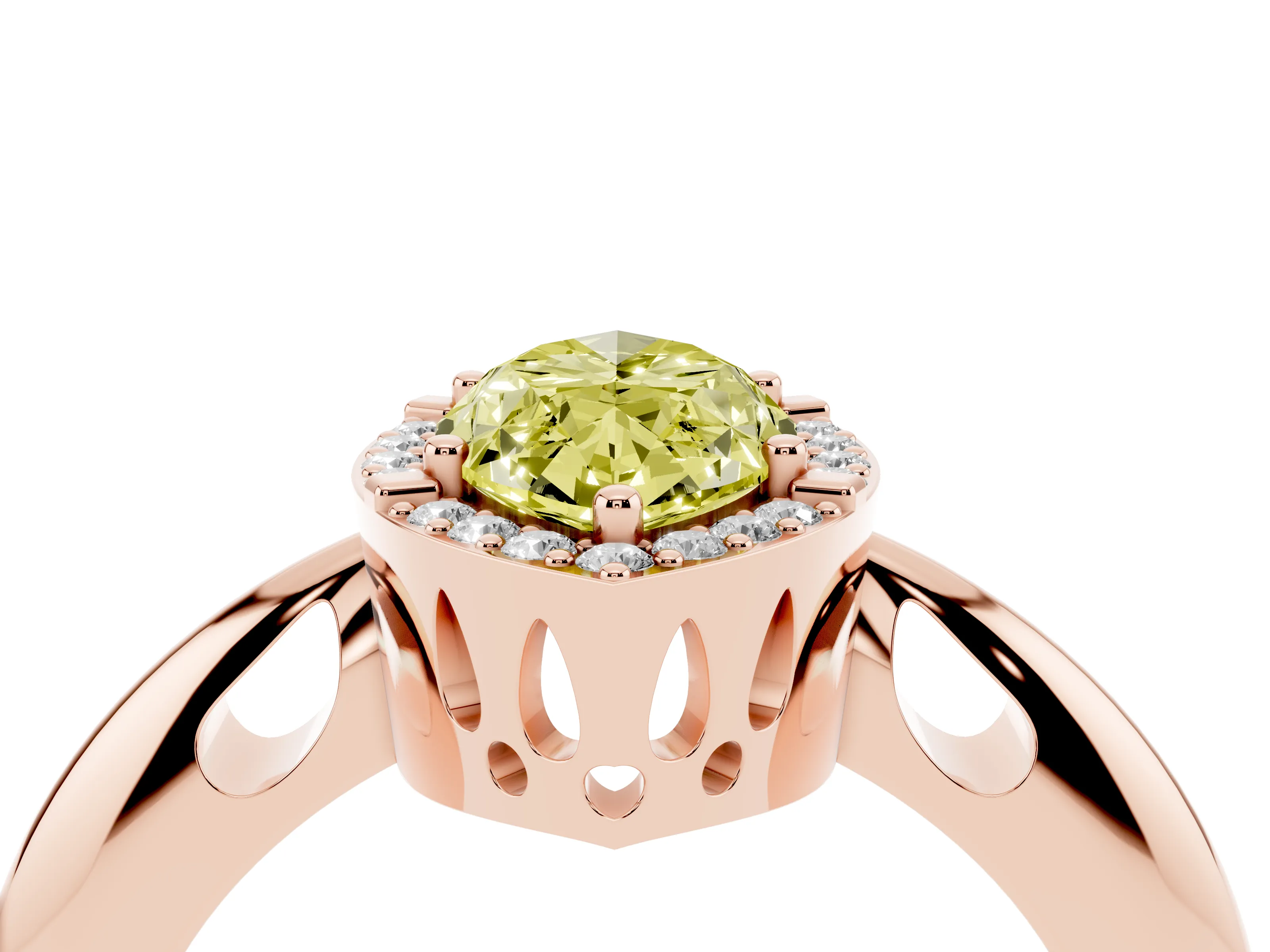 Fancy Yellow Marquise Cut Diamond Halo Engagement Ring Set in Rose gold with Plain Split Shank and Prong Setting